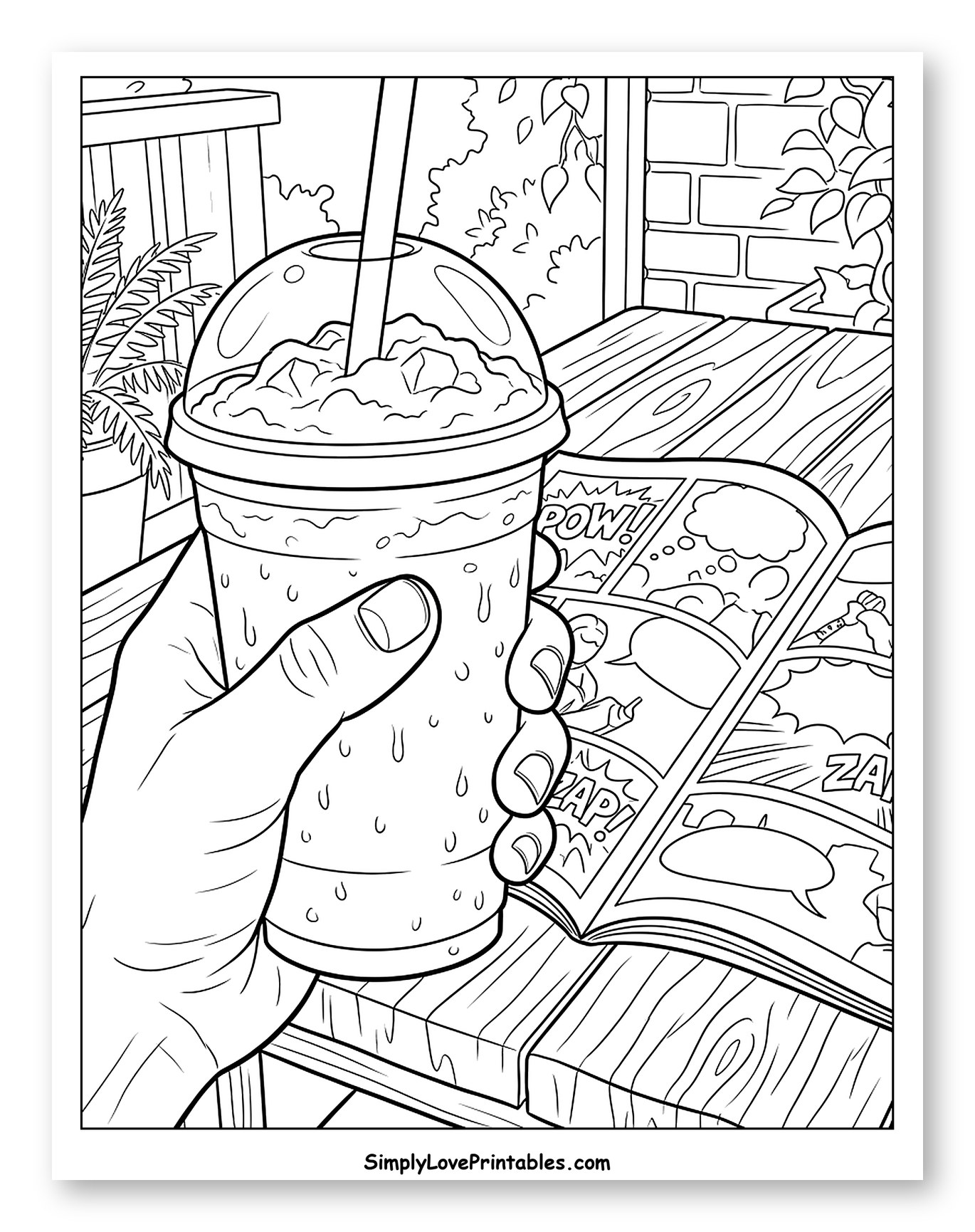 Hand Holding Slushie with Comic Book Outdoors to Color