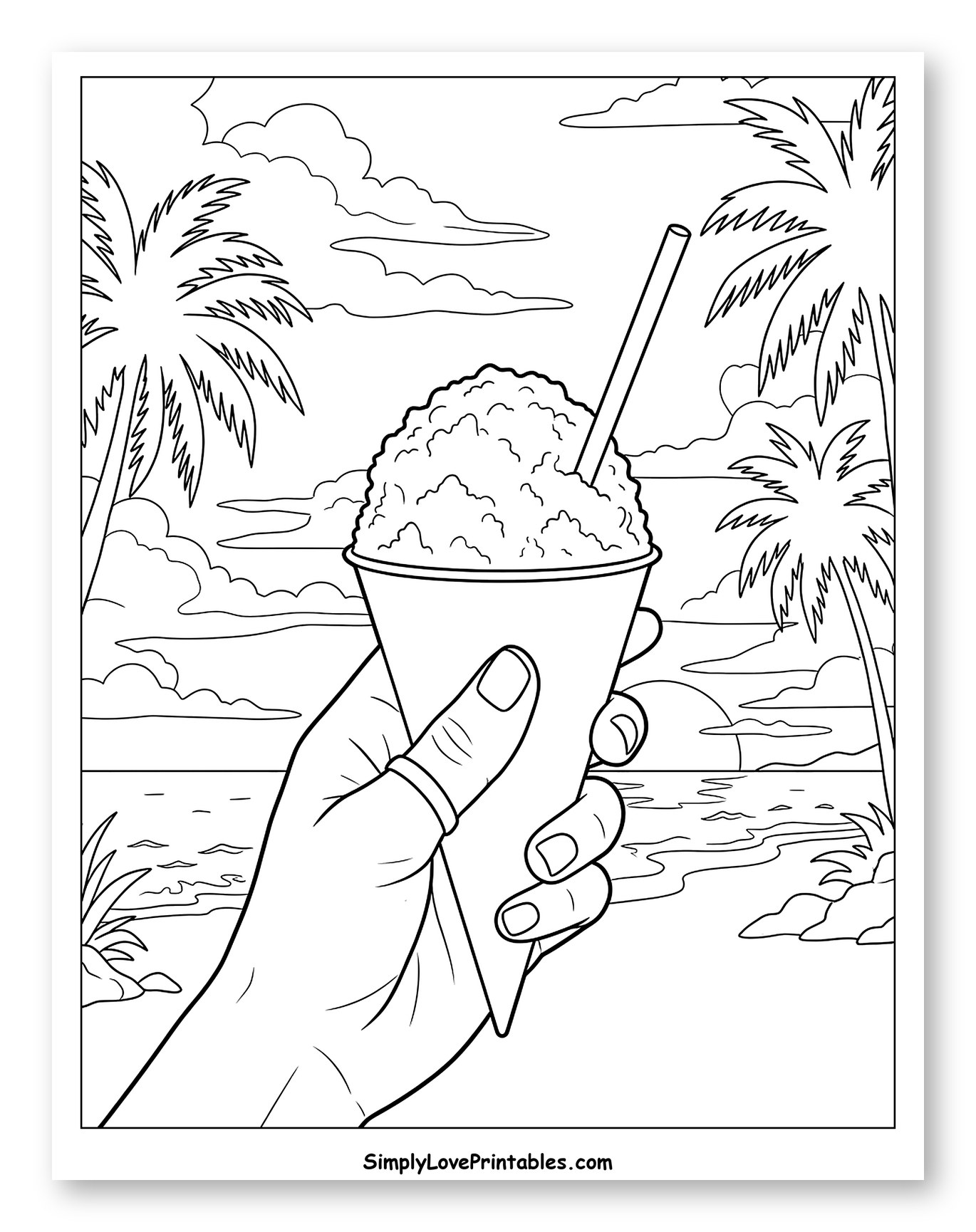 Hand Holding Snow Cone on Tropical Beach Coloring Page