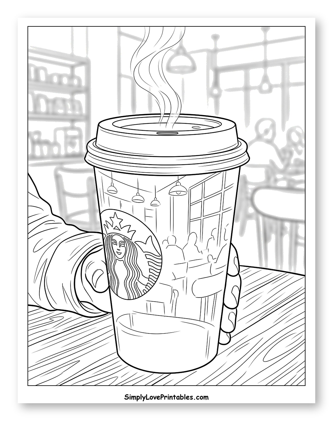 Hand Holding Steaming Starbucks Cup Coloring Page