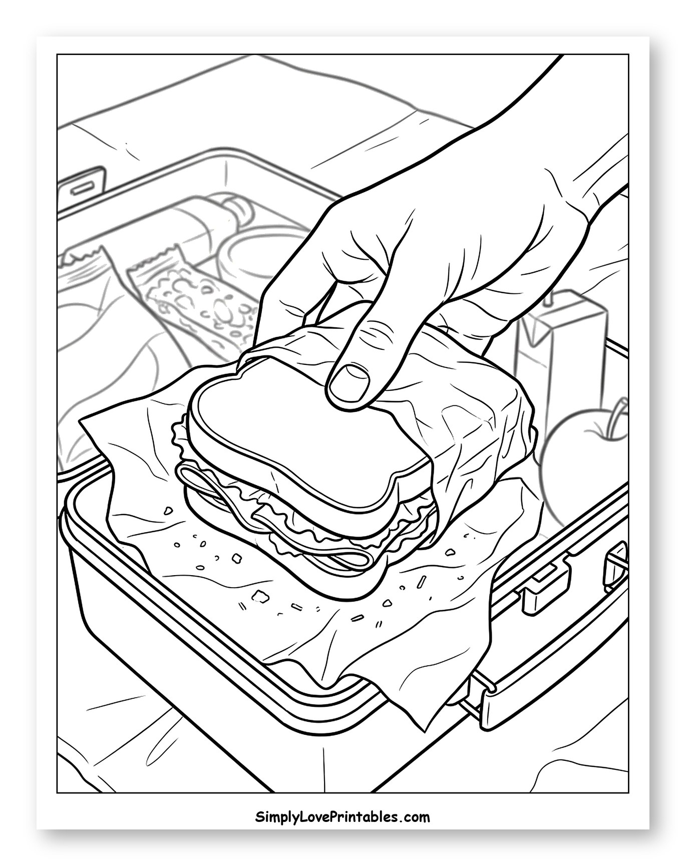 Hand Placing Sandwich in Lunchbox Coloring Sheet