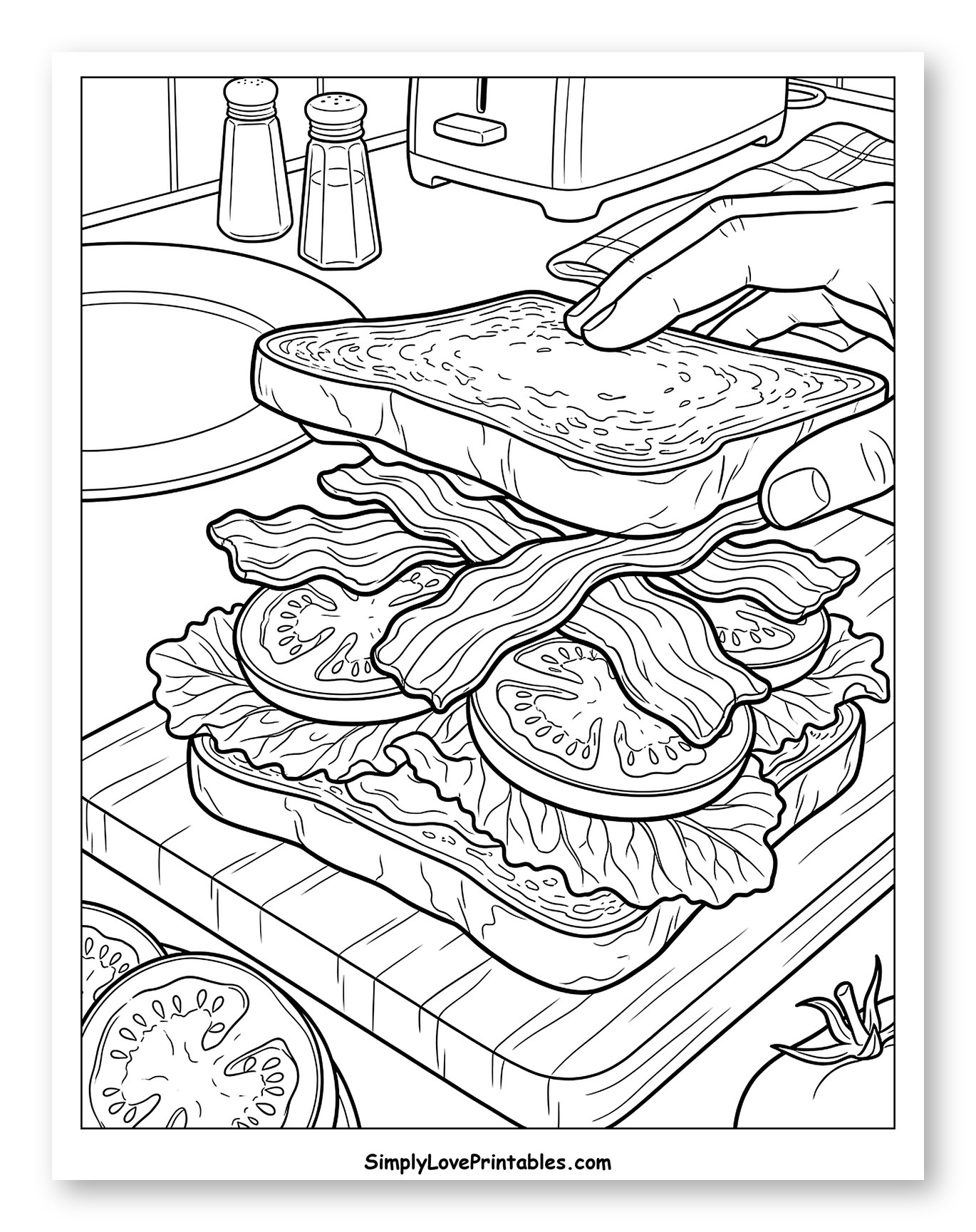 Hand Placing Top Bread on BLT Sandwich to Color