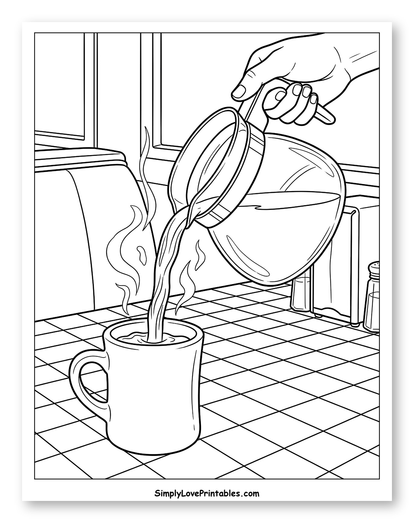 Hand Pouring Coffee into a Steaming Mug Coloring Sheet