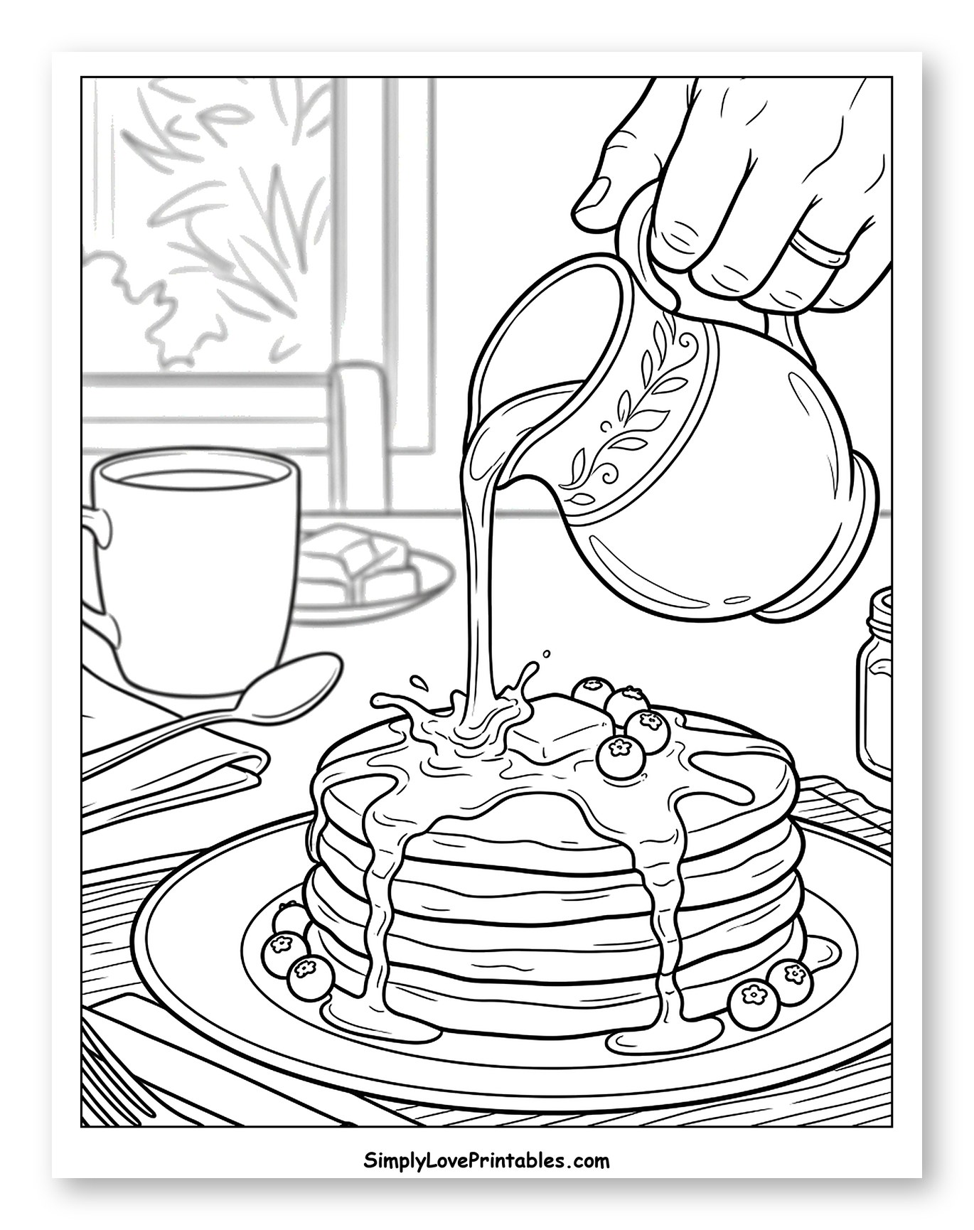 Hand Pouring Syrup on Pancakes with Blueberries Coloring Sheet