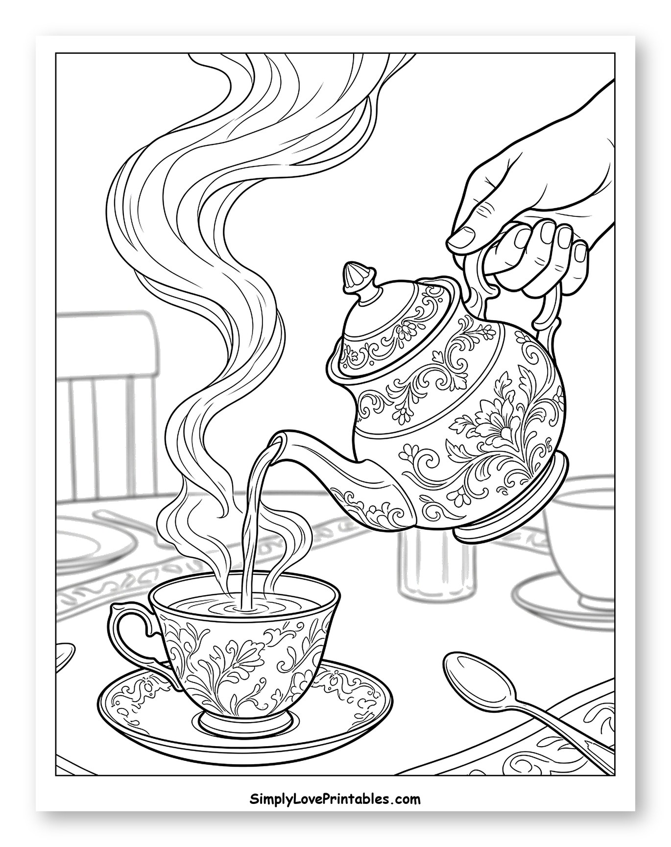 Hand Pouring Tea into an Ornate Teacup Coloring Sheet