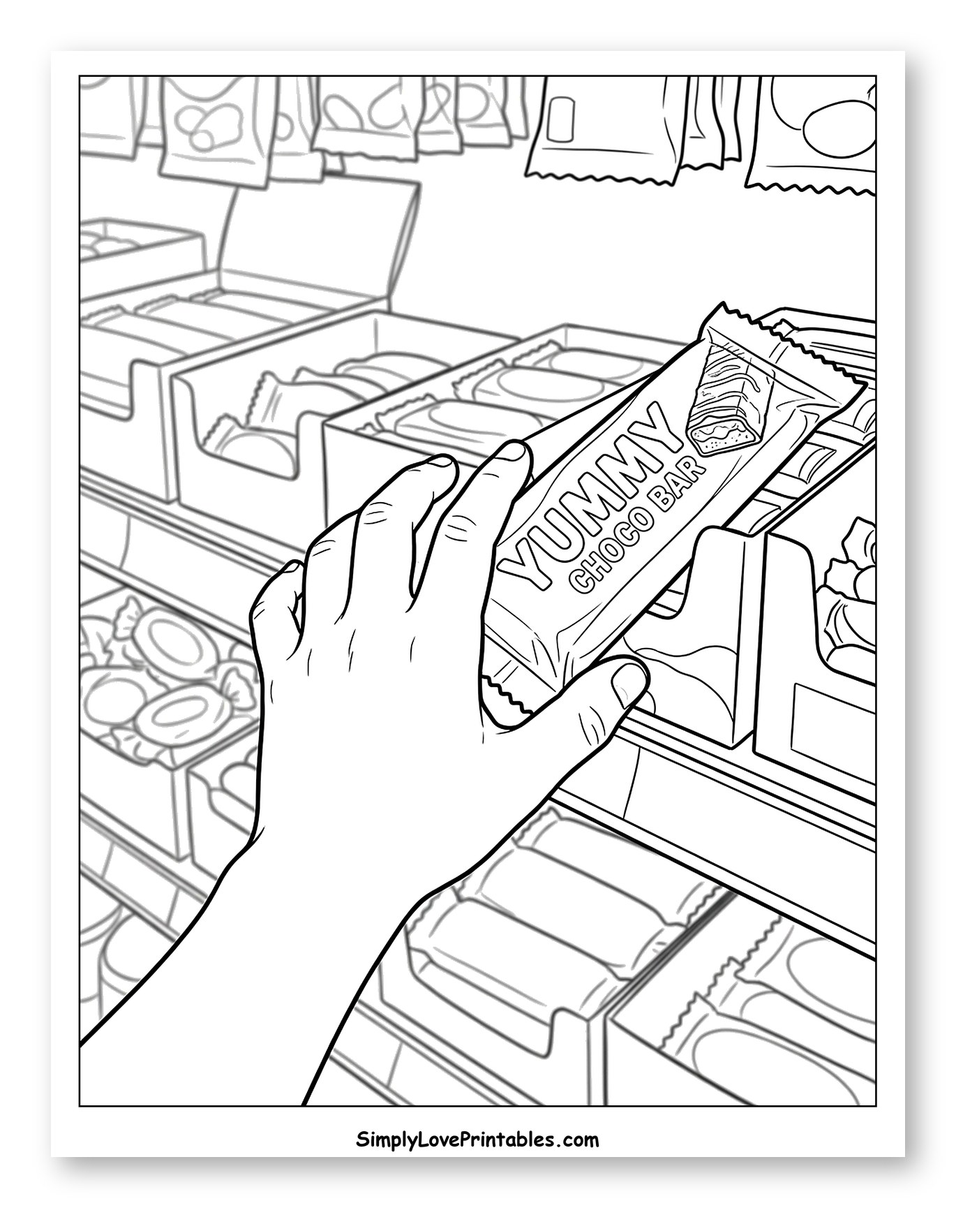 Hand Reaching for a Yummy Choco Bar Coloring Sheet