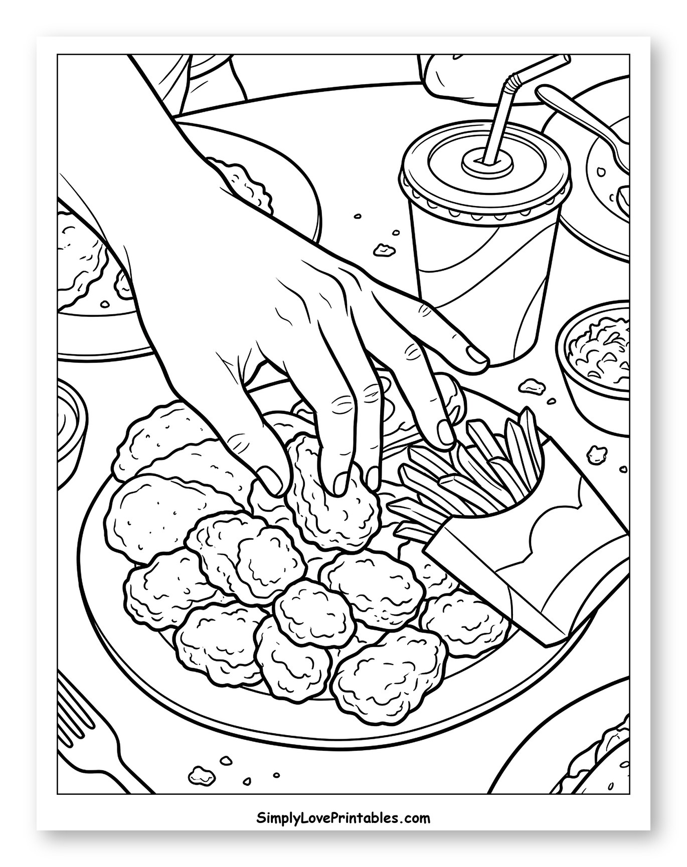 Hand Reaching for Chicken Nugget and Fries