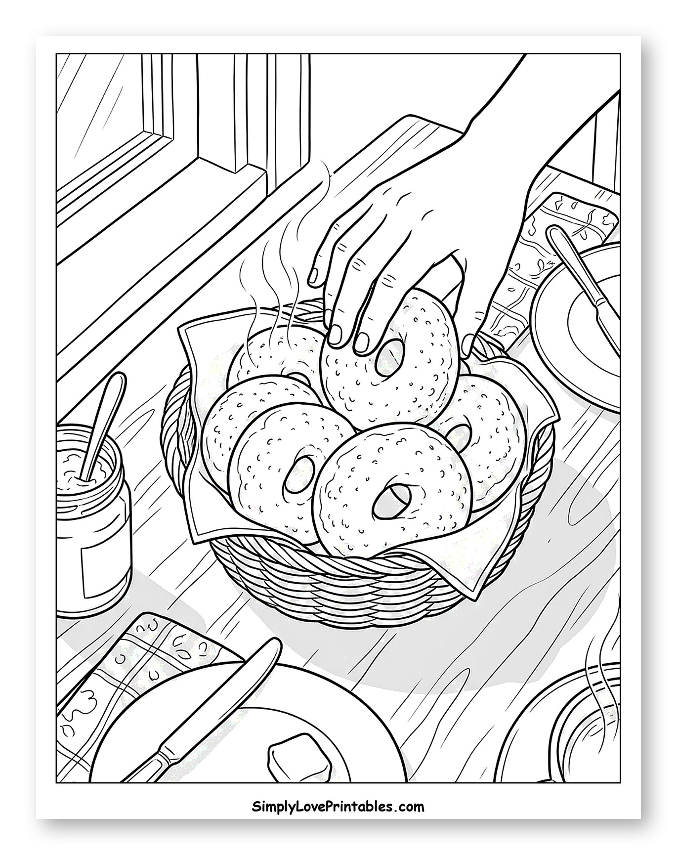 Hand Reaching for Hot Bagels in Basket Coloring Page