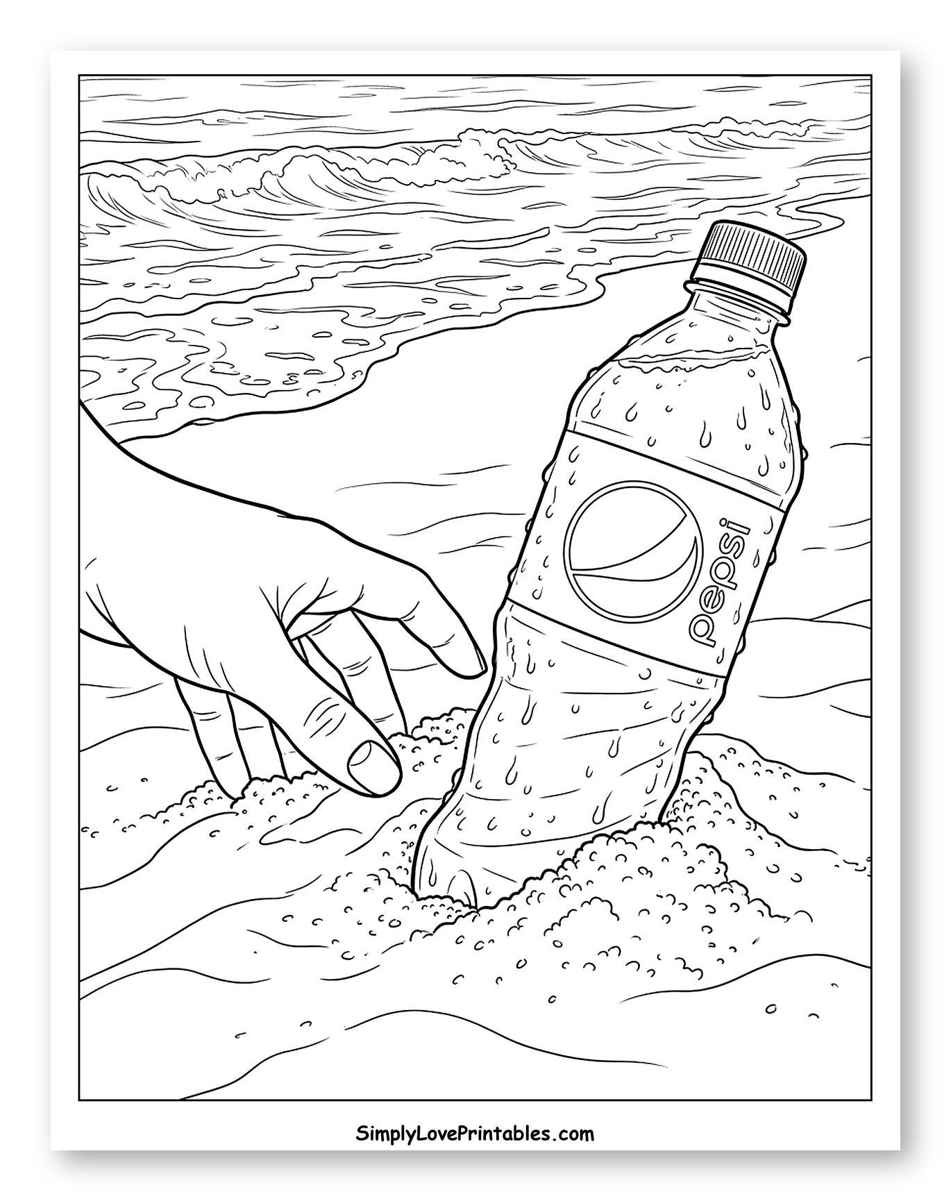 Hand Retrieving Pepsi Bottle from Sandy Beach Coloring Page