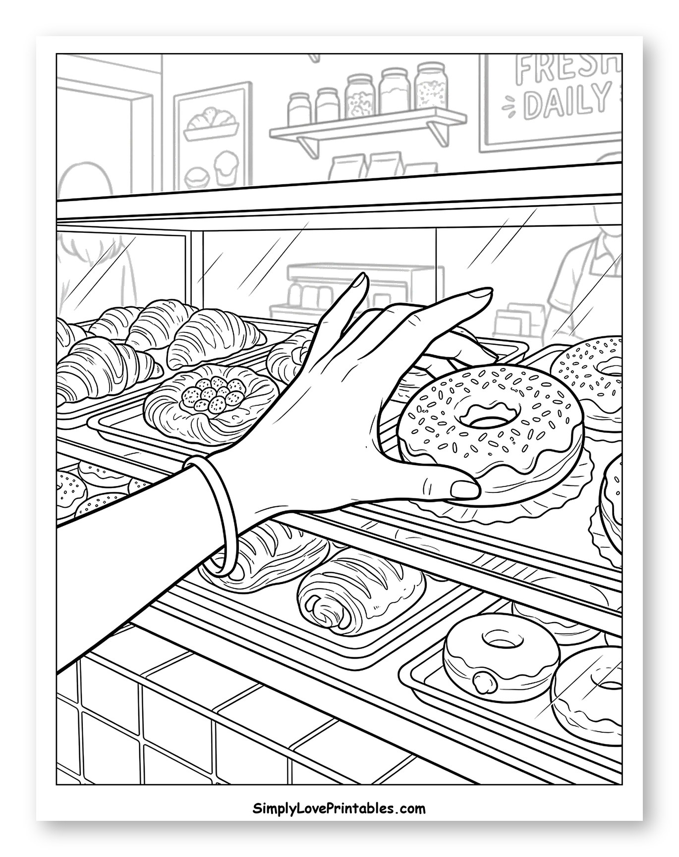 Hand Selecting a Donut from a Bakery Case Coloring Sheet