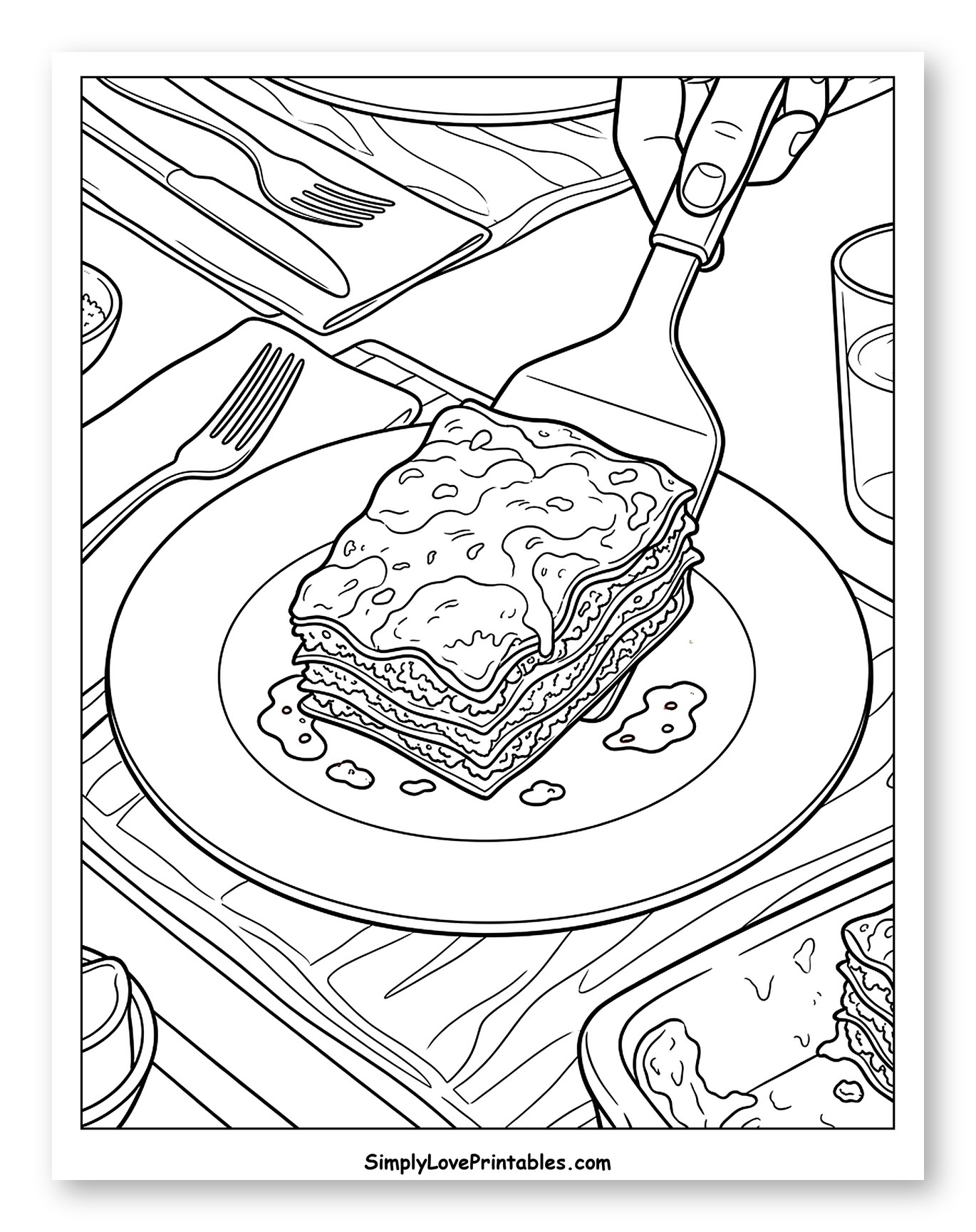Hand Serving Lasagna at Dinner Table Coloring Sheet