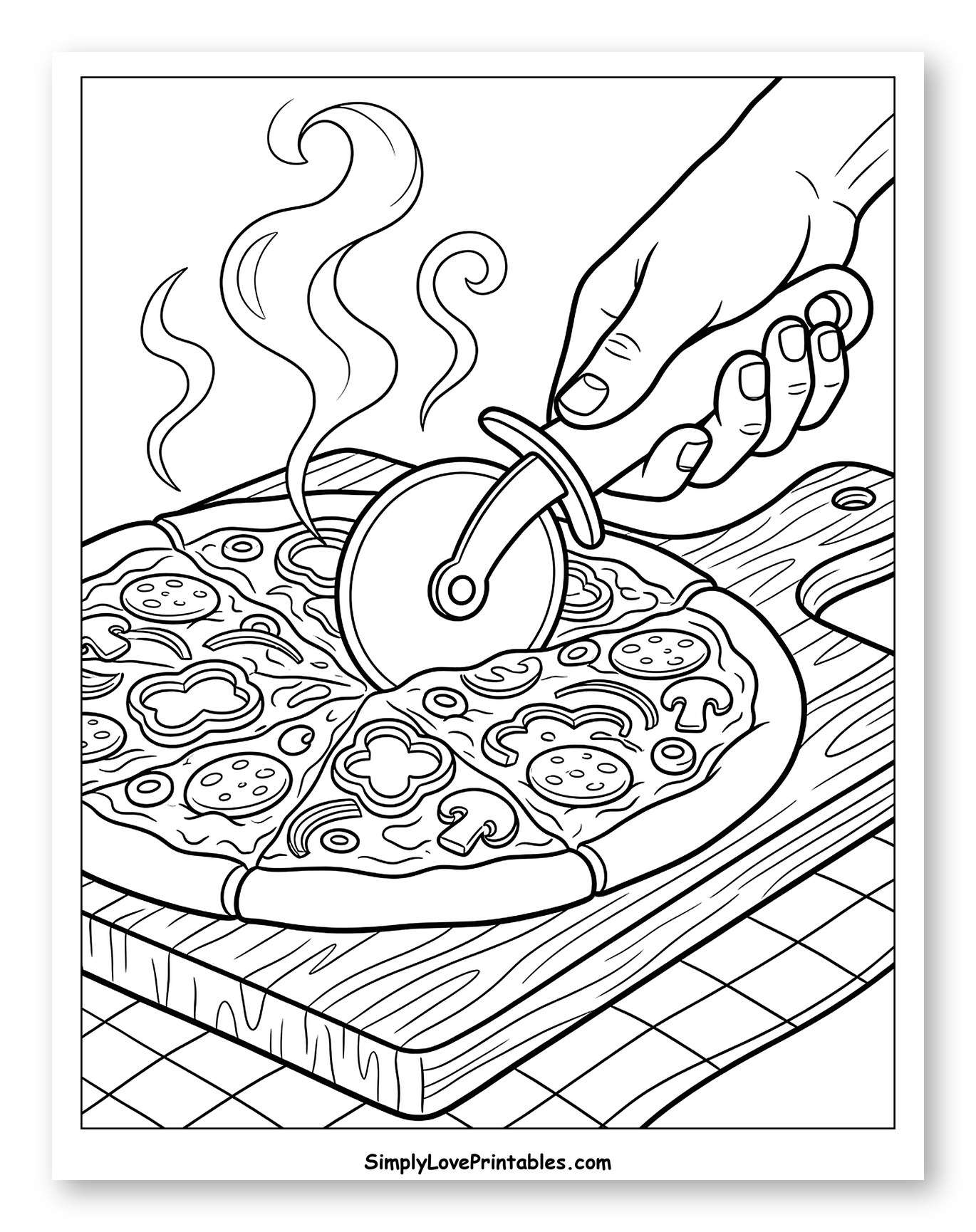 Hand Slicing Steaming Pizza on Board to Color
