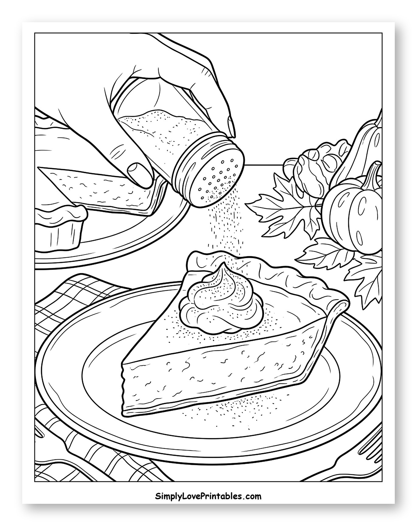 Hand Sprinkling Cinnamon on Pumpkin Pie Coloring Sheet