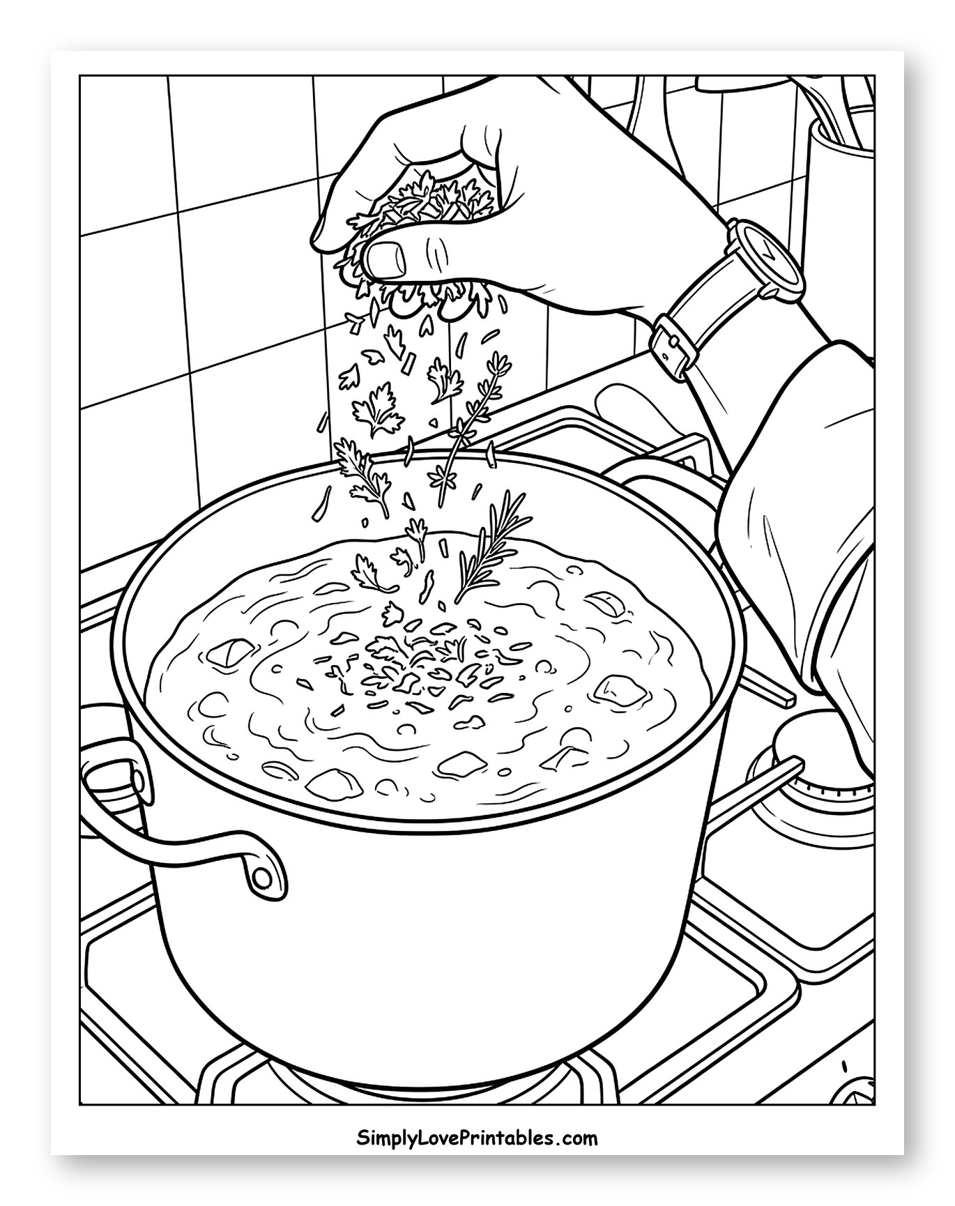 Hand Sprinkling Herbs into a Pot of Soup to Color