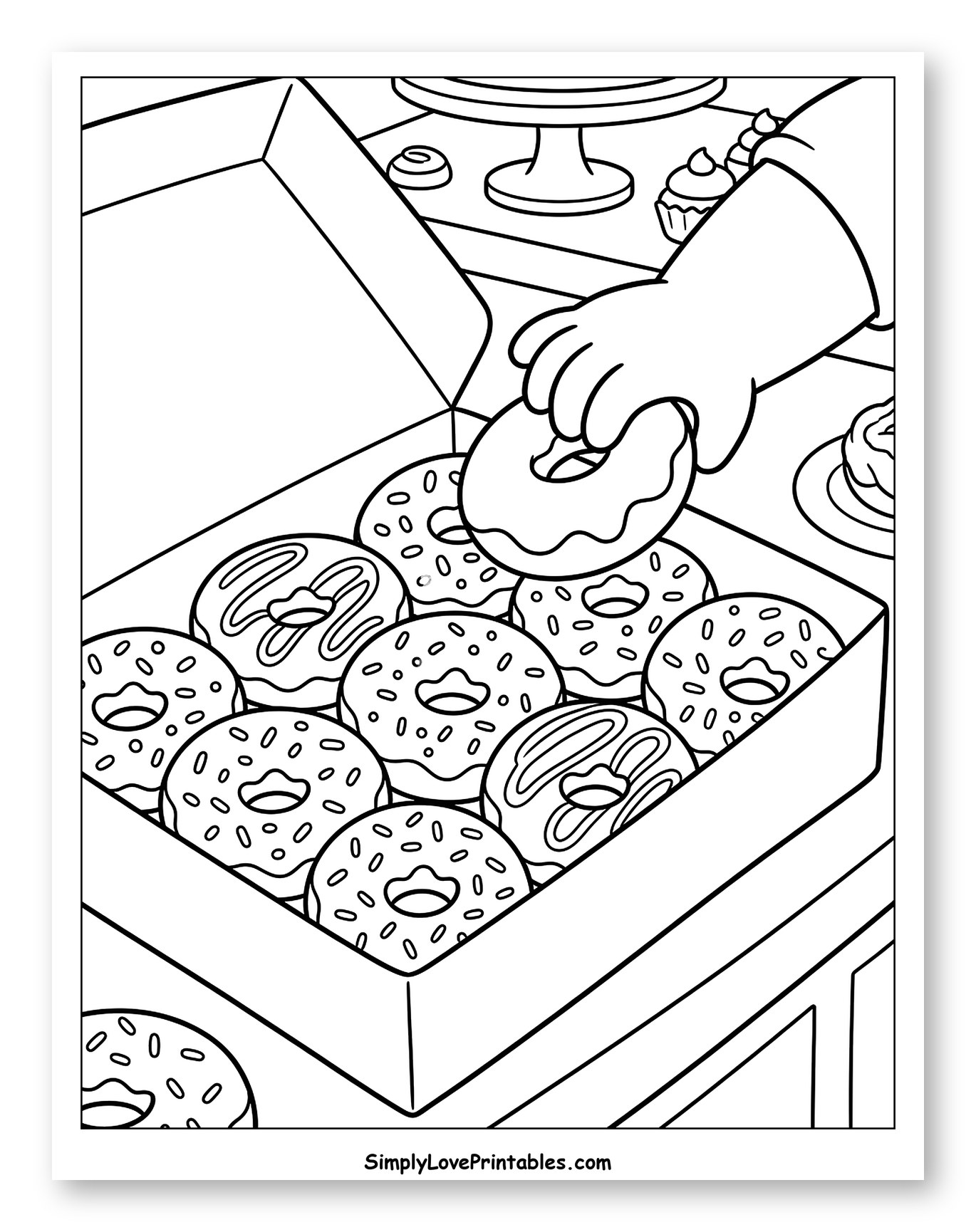 Hand Taking a Donut from a Box Coloring Sheet for Kids