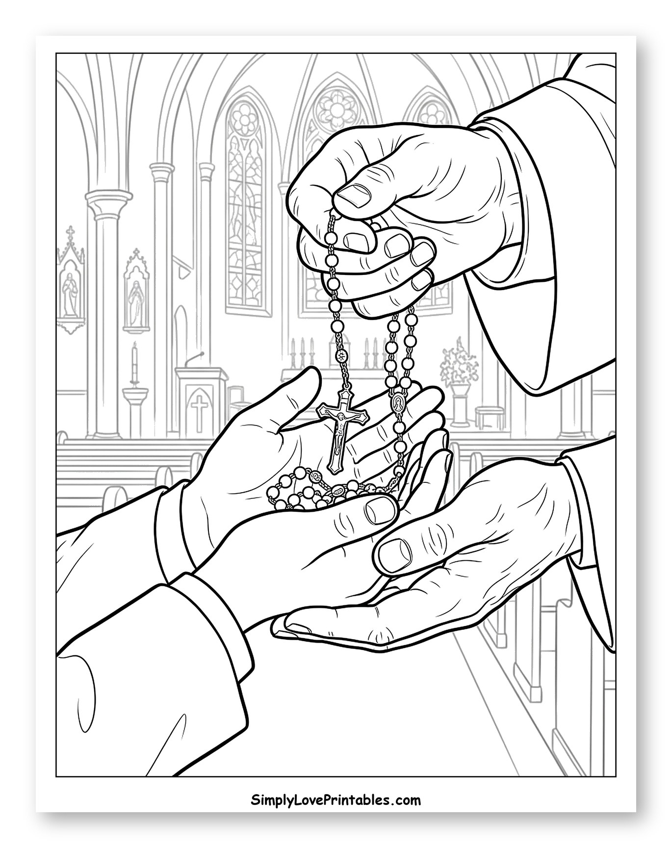 Hands Exchanging a Rosary in Church Coloring Sheet