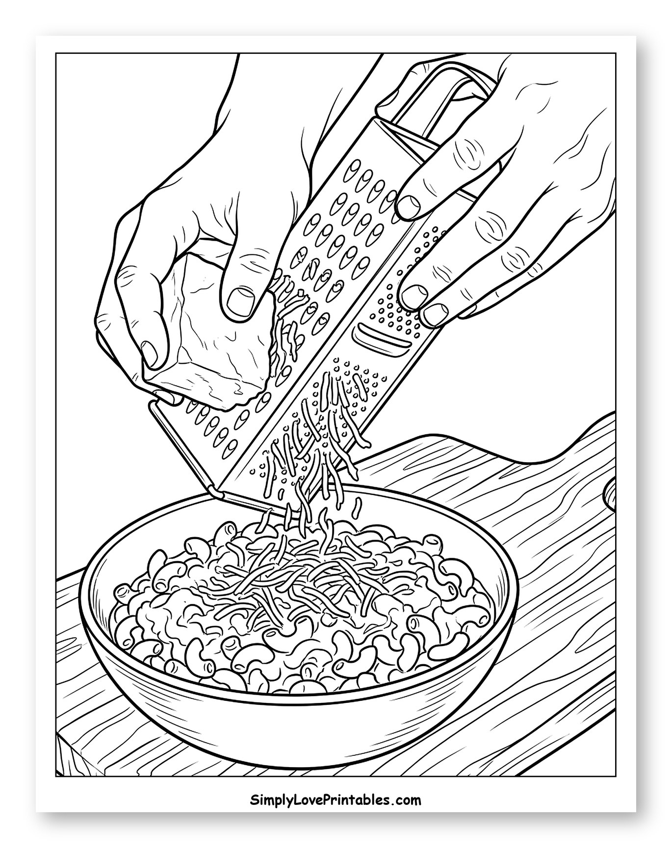 Hands Grating Cheese Over Macaroni and Cheese Coloring Sheet