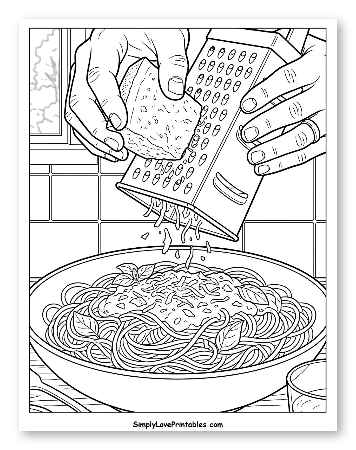 Hands Grating Cheese Over Spaghetti Bowl Coloring Sheet
