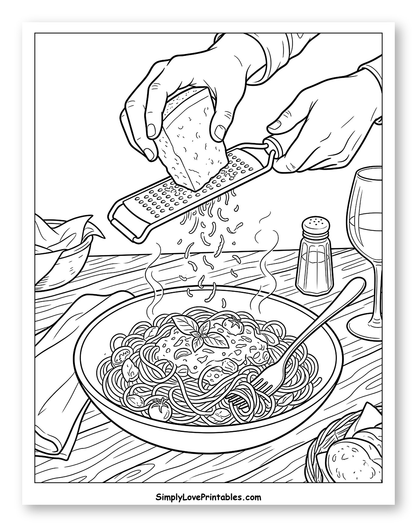Hands Grating Parmesan Cheese Over Spaghetti Coloring Page