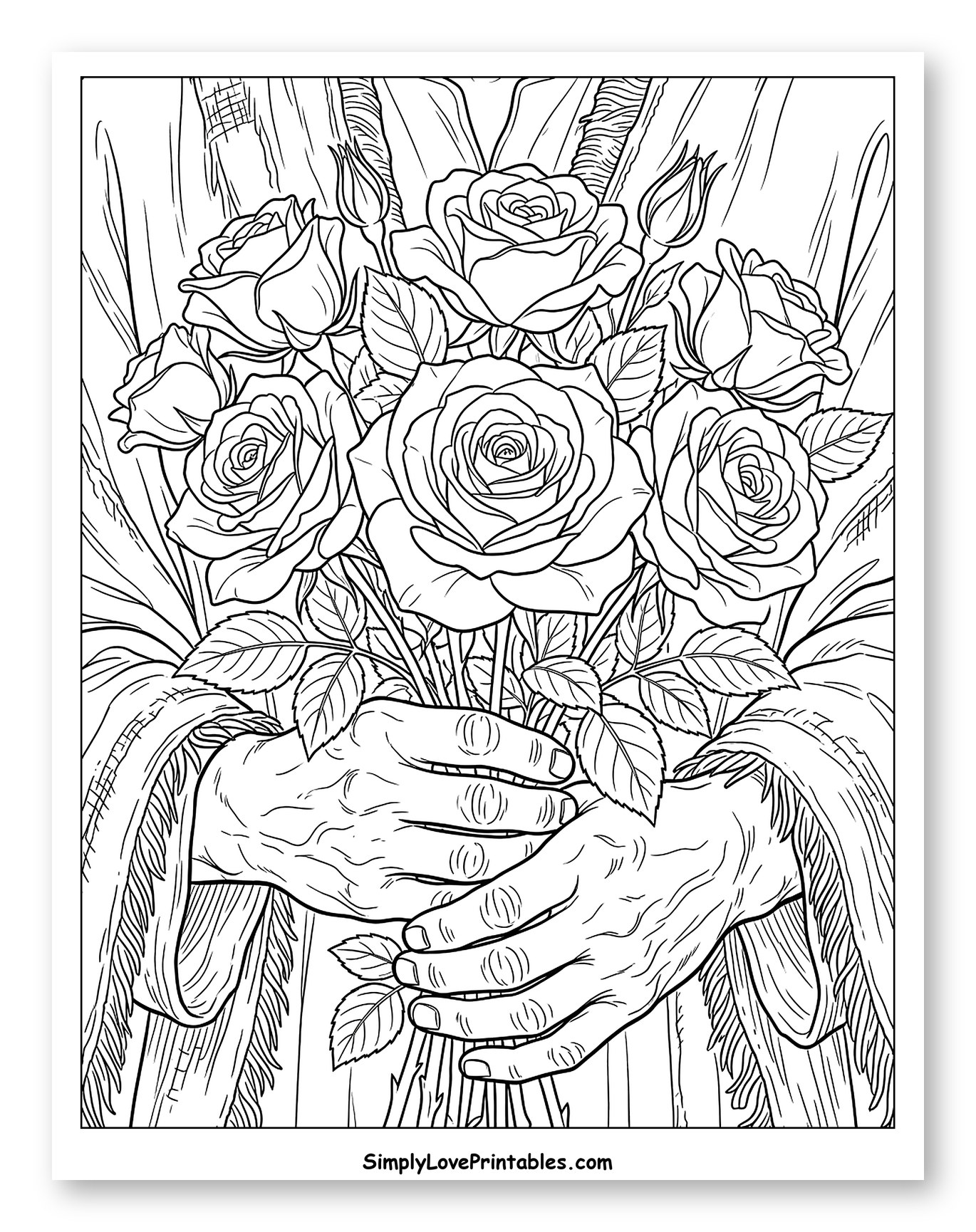Hands Holding a Large Bouquet of Roses Coloring Sheet