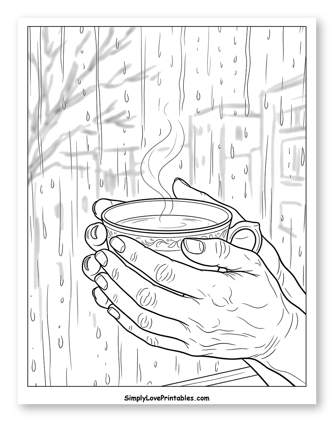 Hands Holding a Warm Mug by a Rainy Window