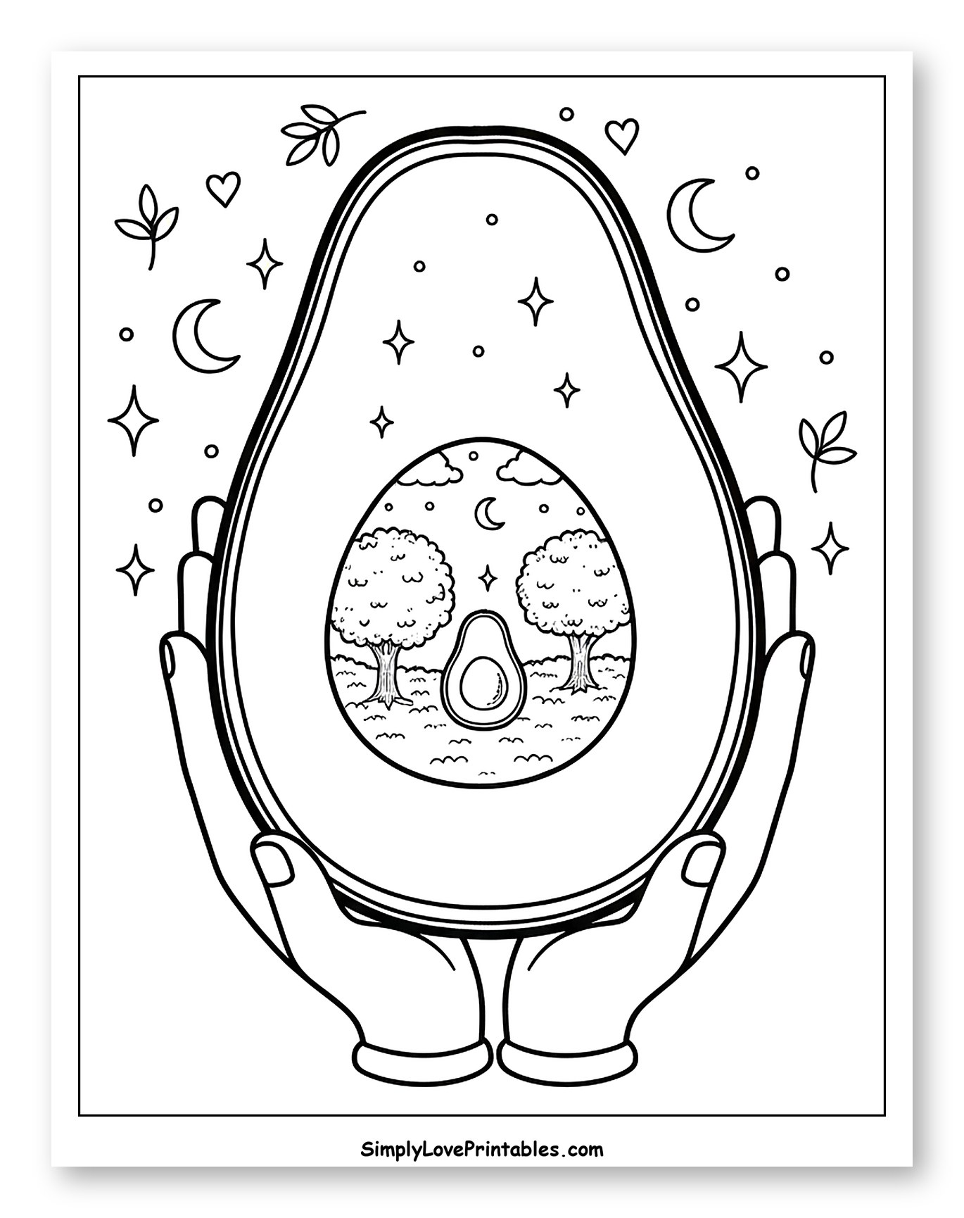 Hands Holding Avocado with Tiny World Inside Coloring Page for Adults
