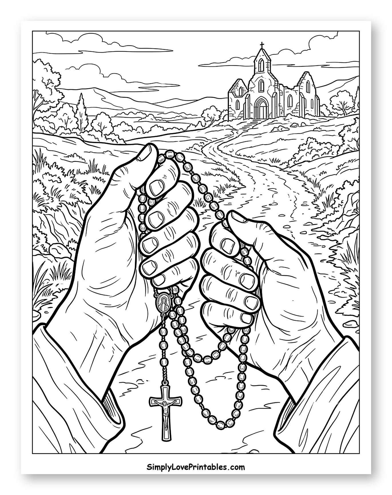 Hands Holding Rosary Beads to an Old Church Coloring Sheet