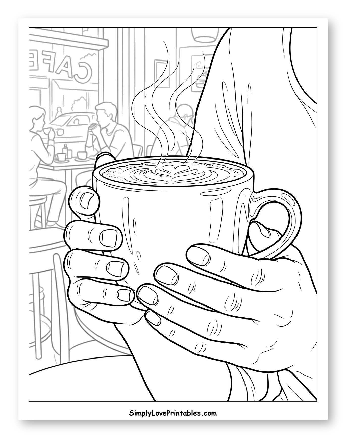 Hands Holding Steaming Coffee Cup in Cafe Coloring Sheet