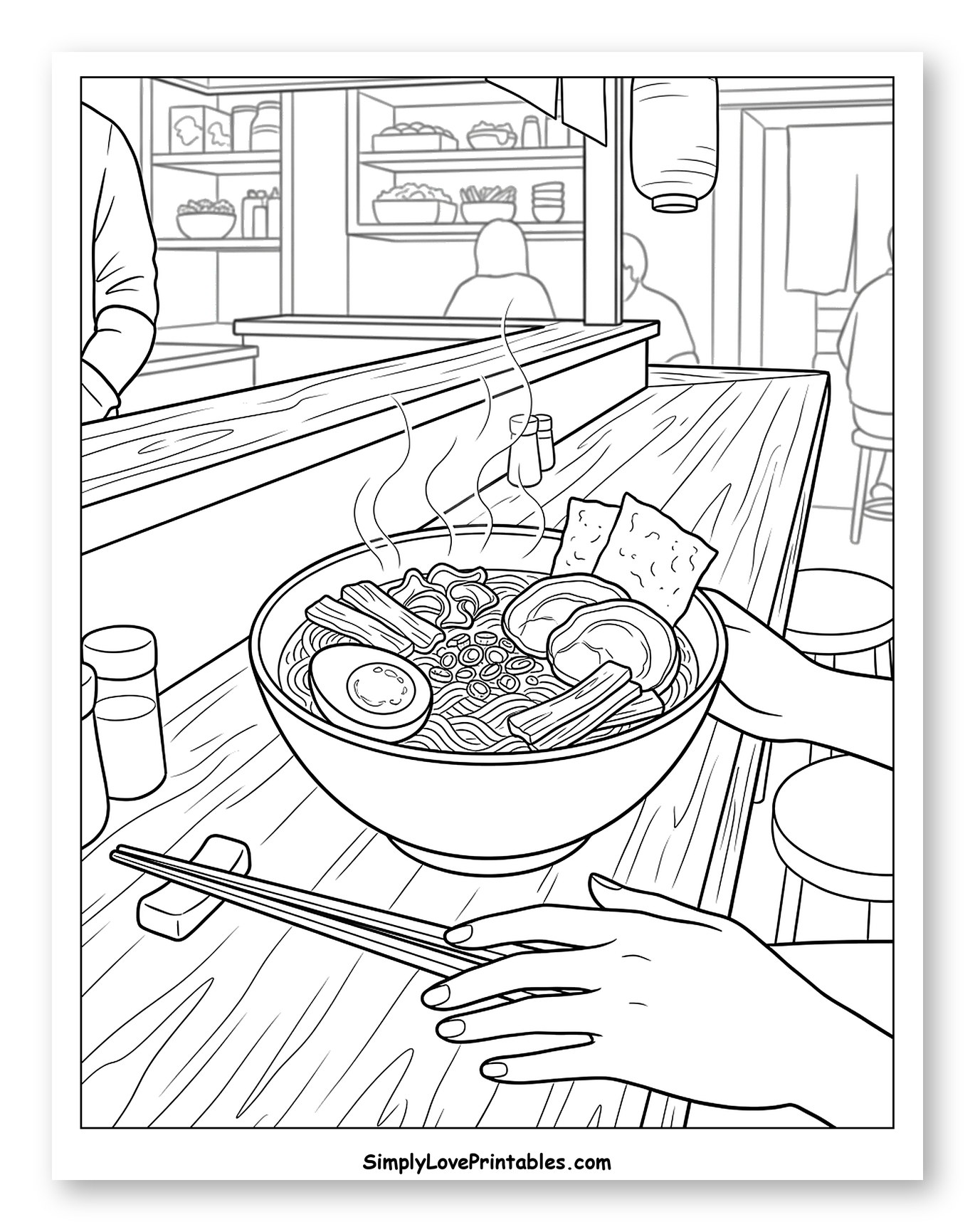 Hands Holding Steaming Ramen at Japanese Shop to Color