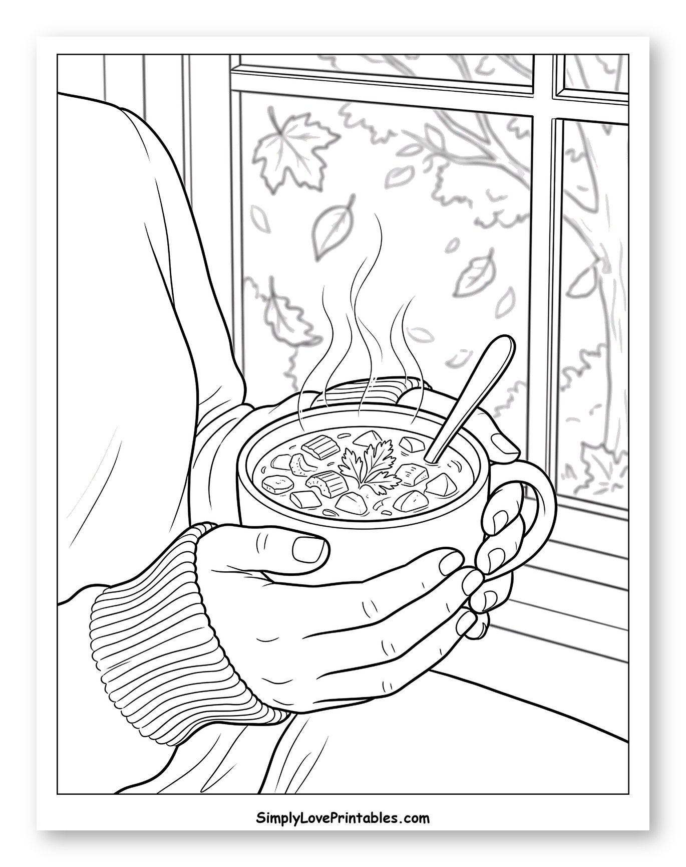 Hands Holding Steaming Soup by Autumn Window to Color