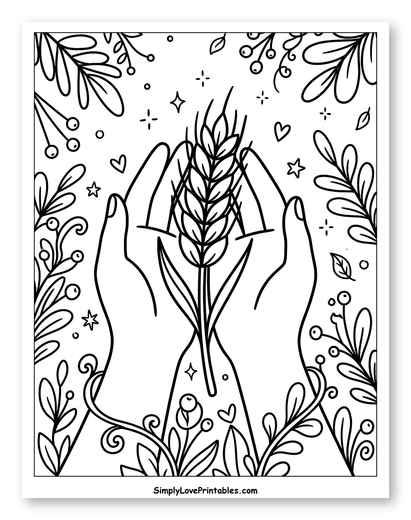 Hands Holding Wheat Stalk with Botanical Elements
