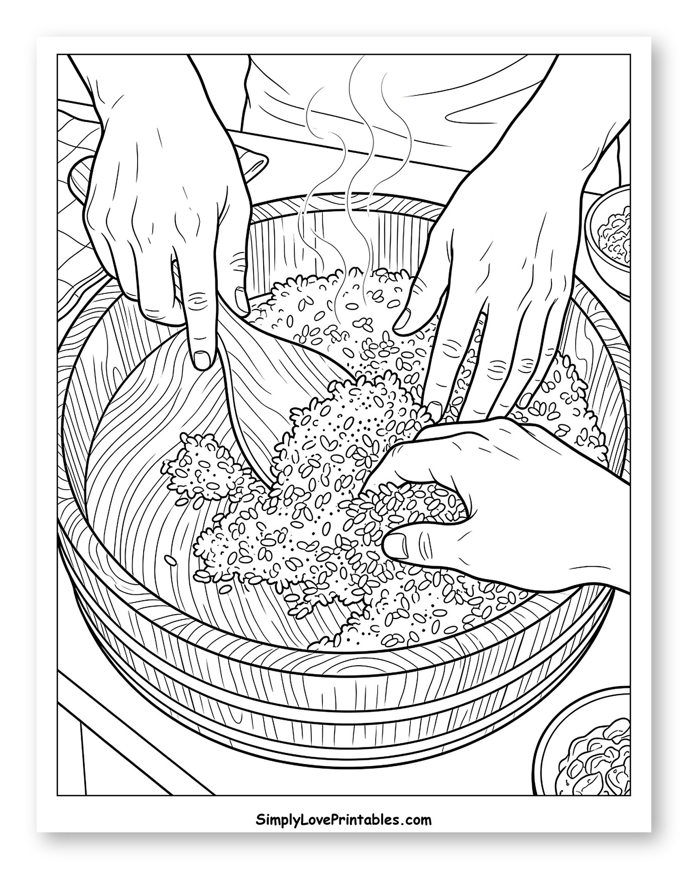 Hands Mixing Steaming Rice in Wooden Bowl