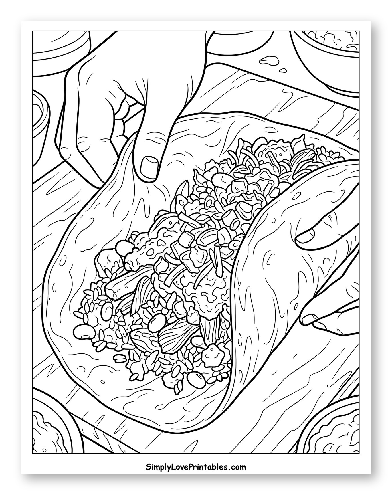 Hands Preparing a Delicious Burrito Coloring Page