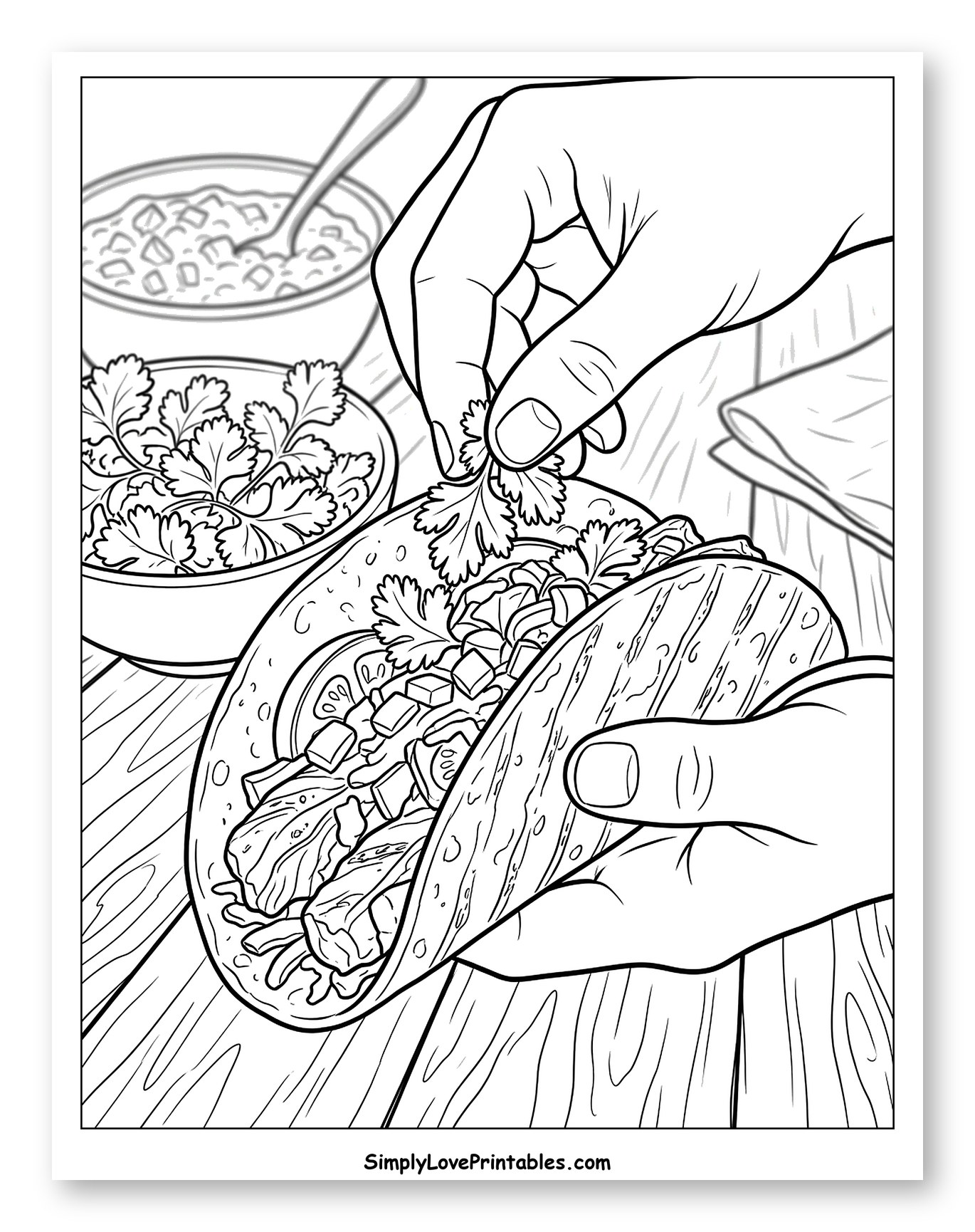 Hands Preparing a Fresh Taco with Cilantro Coloring Page