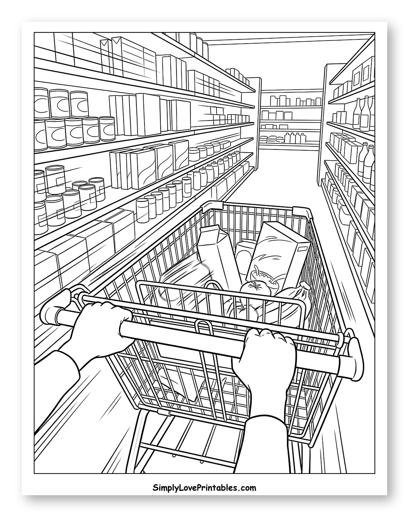 Hands Pushing a Shopping Cart in Grocery Store to Color