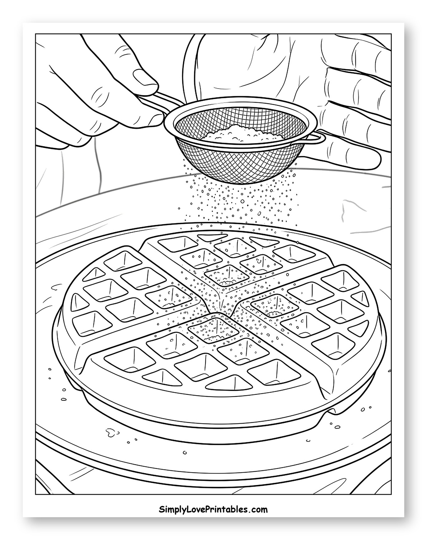 Hands Sifting Powdered Sugar onto Waffle Coloring Sheet