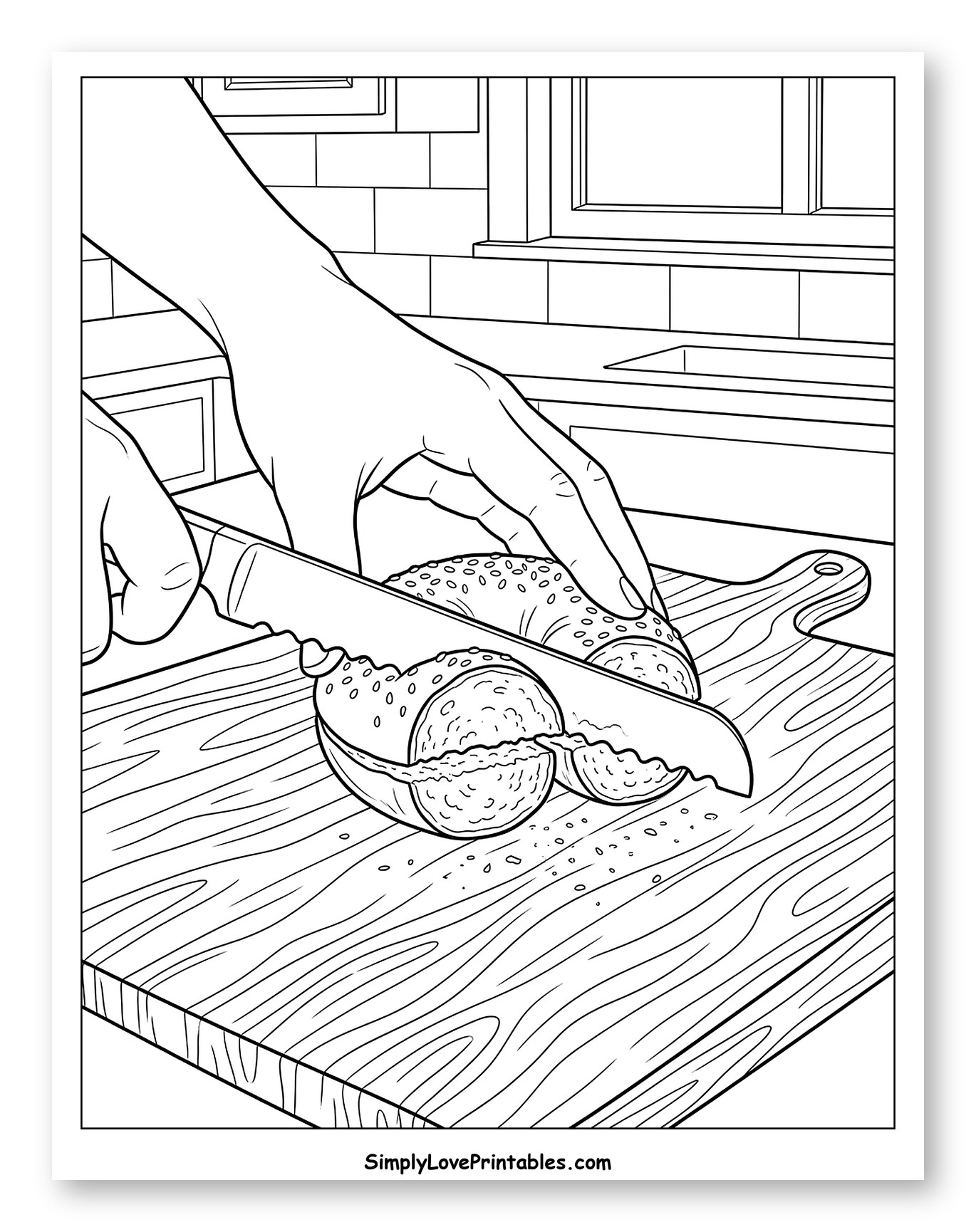 Hands Slicing a Bagel on a Cutting Board to Color