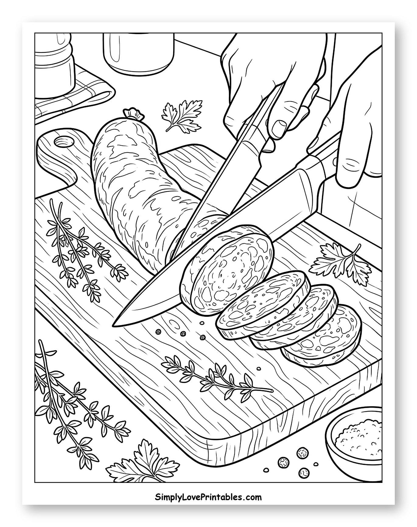 Hands Slicing Sausage with Herbs and Spices