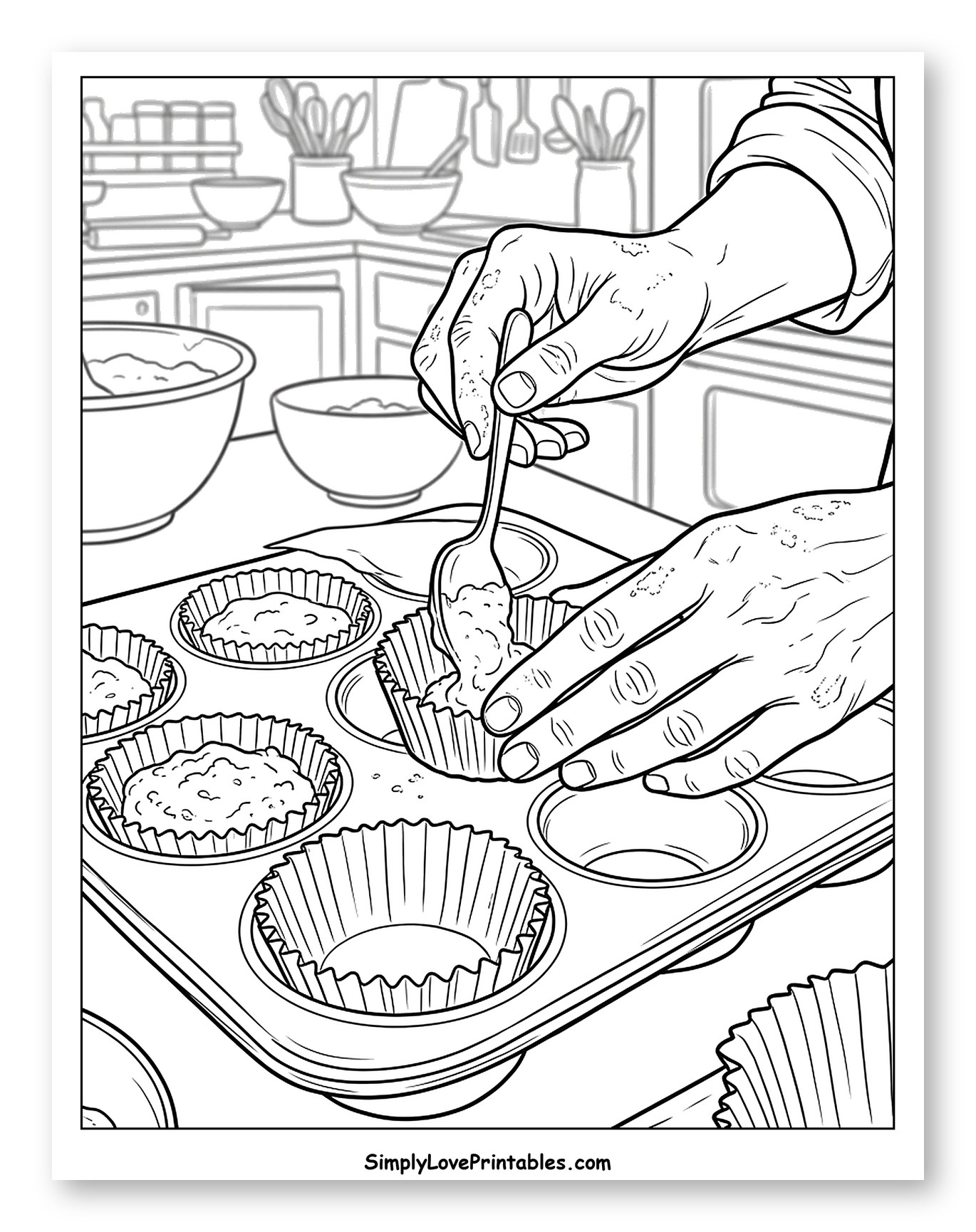 Hands Spooning Muffin Batter into Tin Coloring Sheet