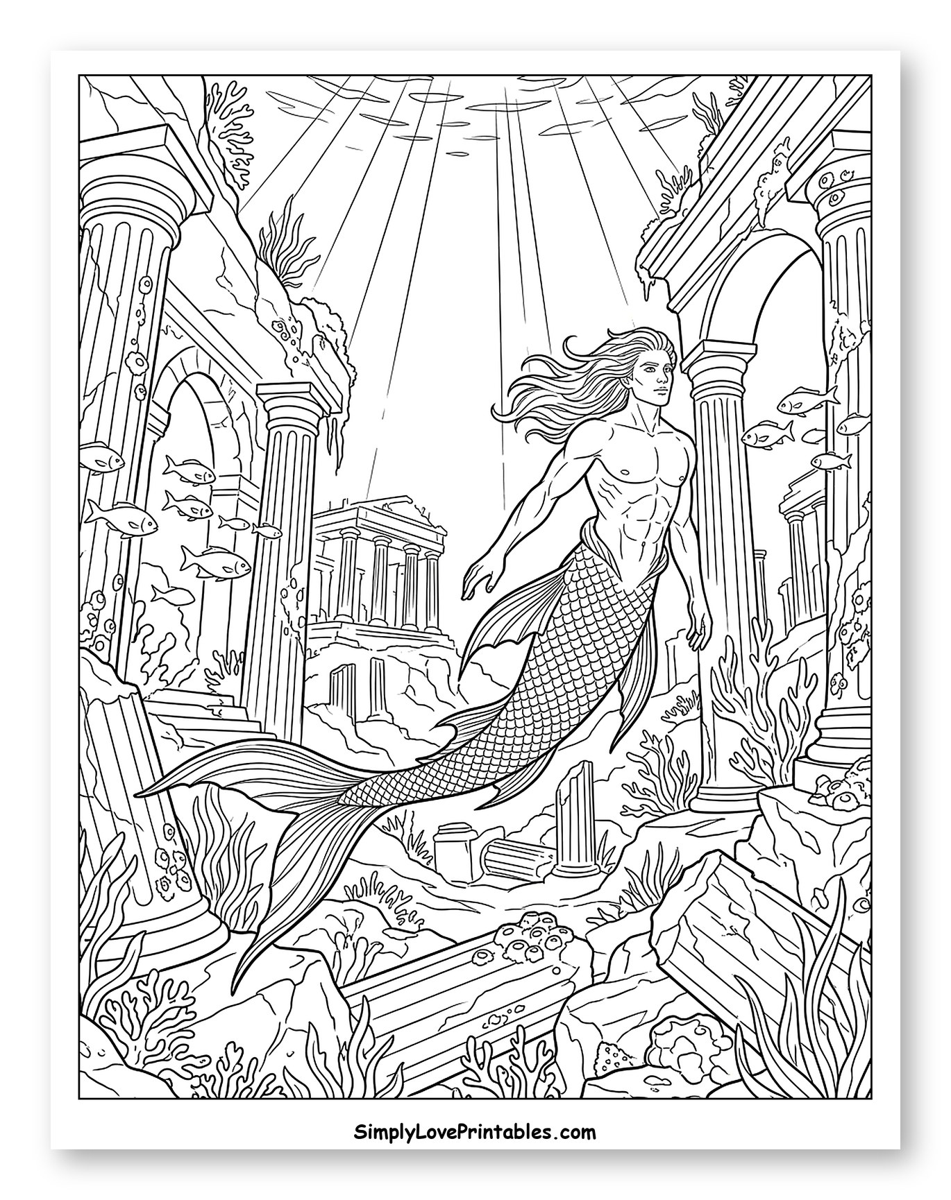 Handsome Merman Among Sunken City Pillars to Color