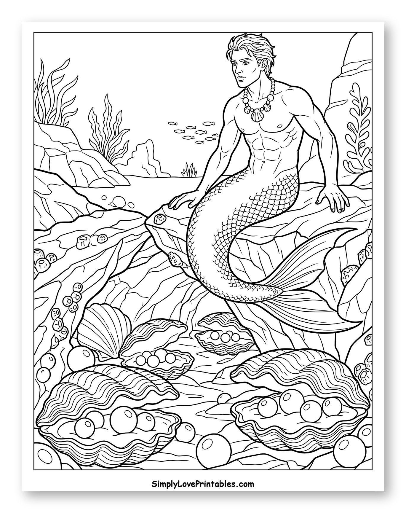 Handsome Merman Resting Among Oysters and Pearls
