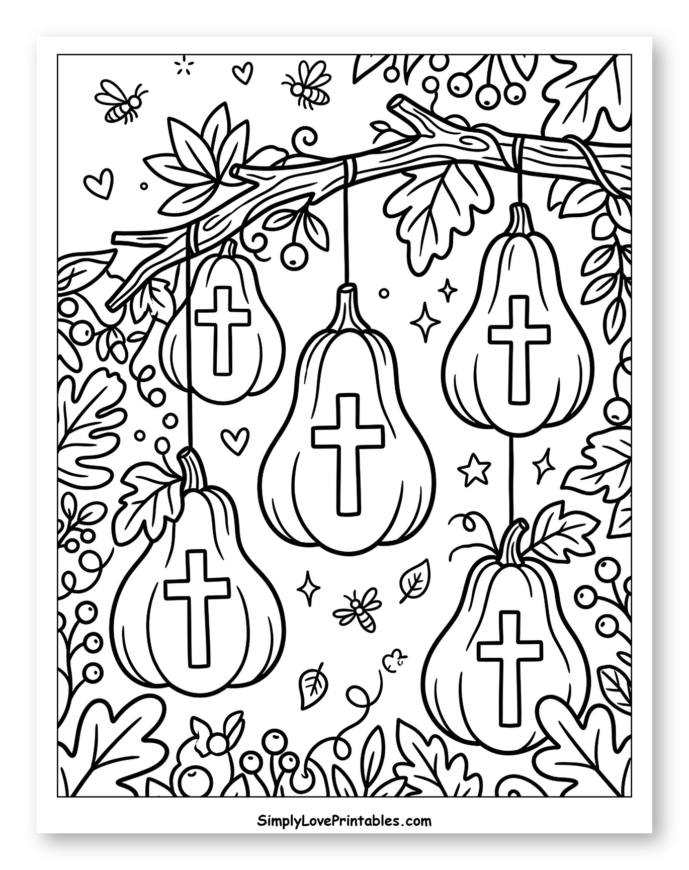 Hanging Gourds with Crosses and Autumn Foliage to Color for Adults