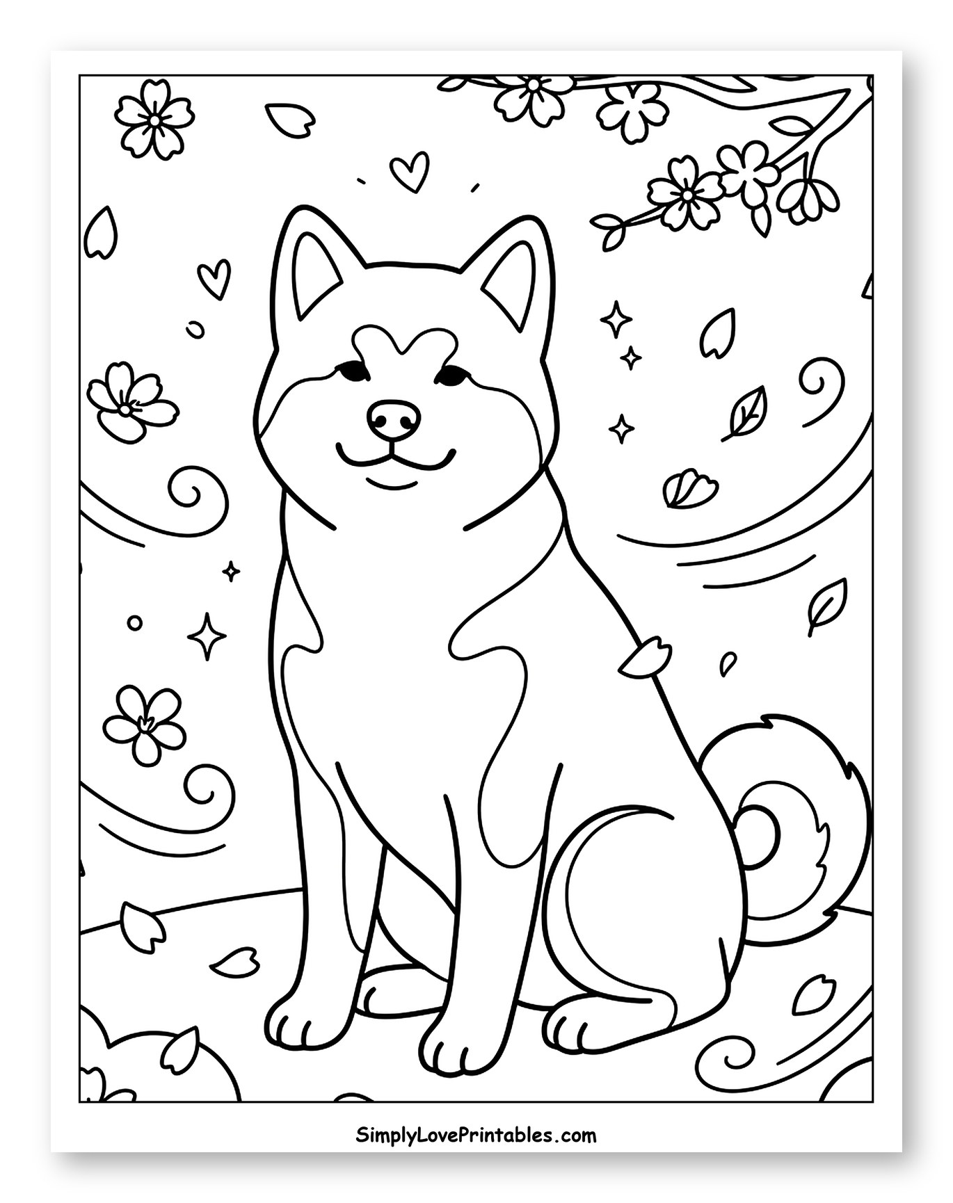 Happy Akita Dog with Cherry Blossoms