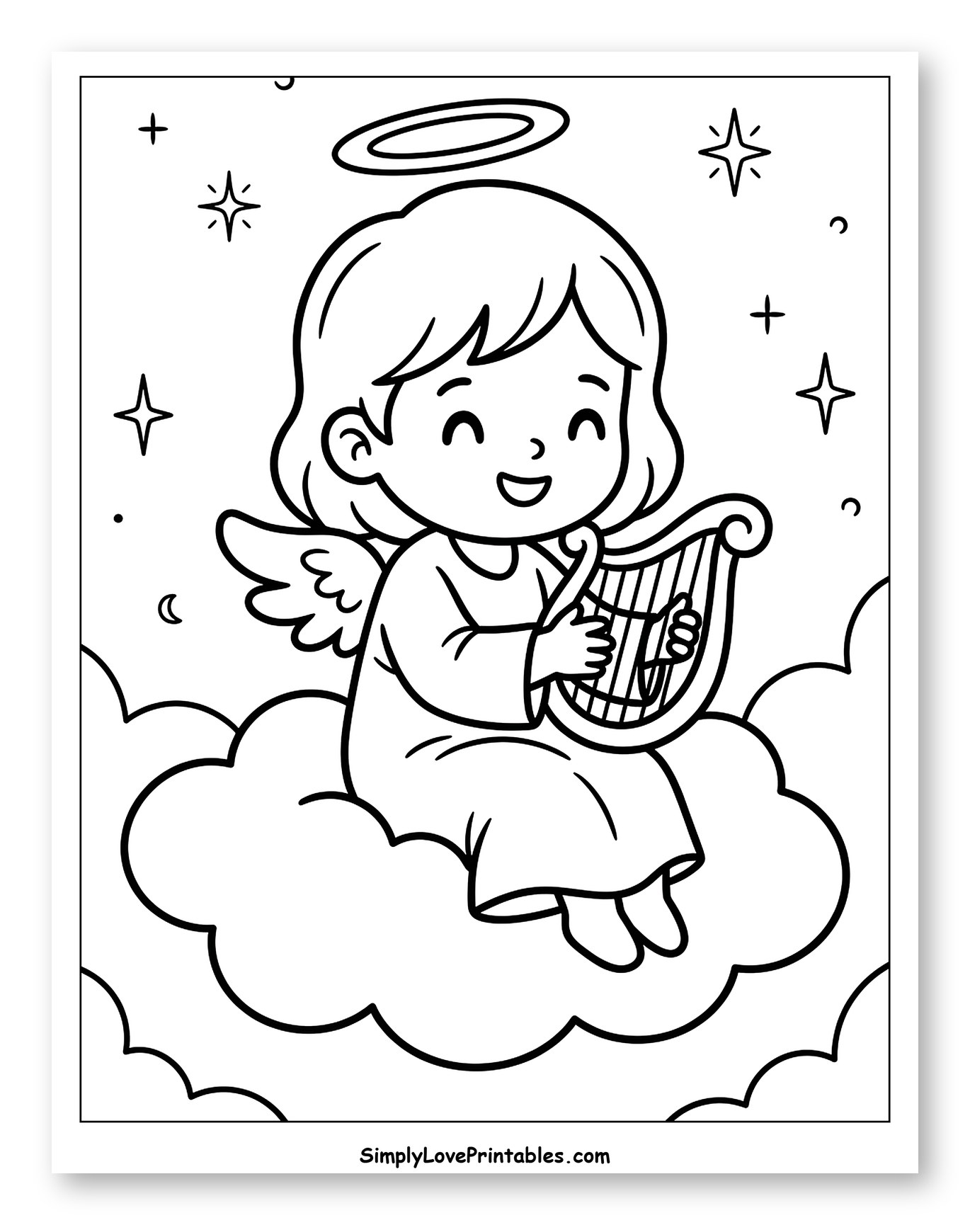 Happy Angel Playing Harp on Clouds