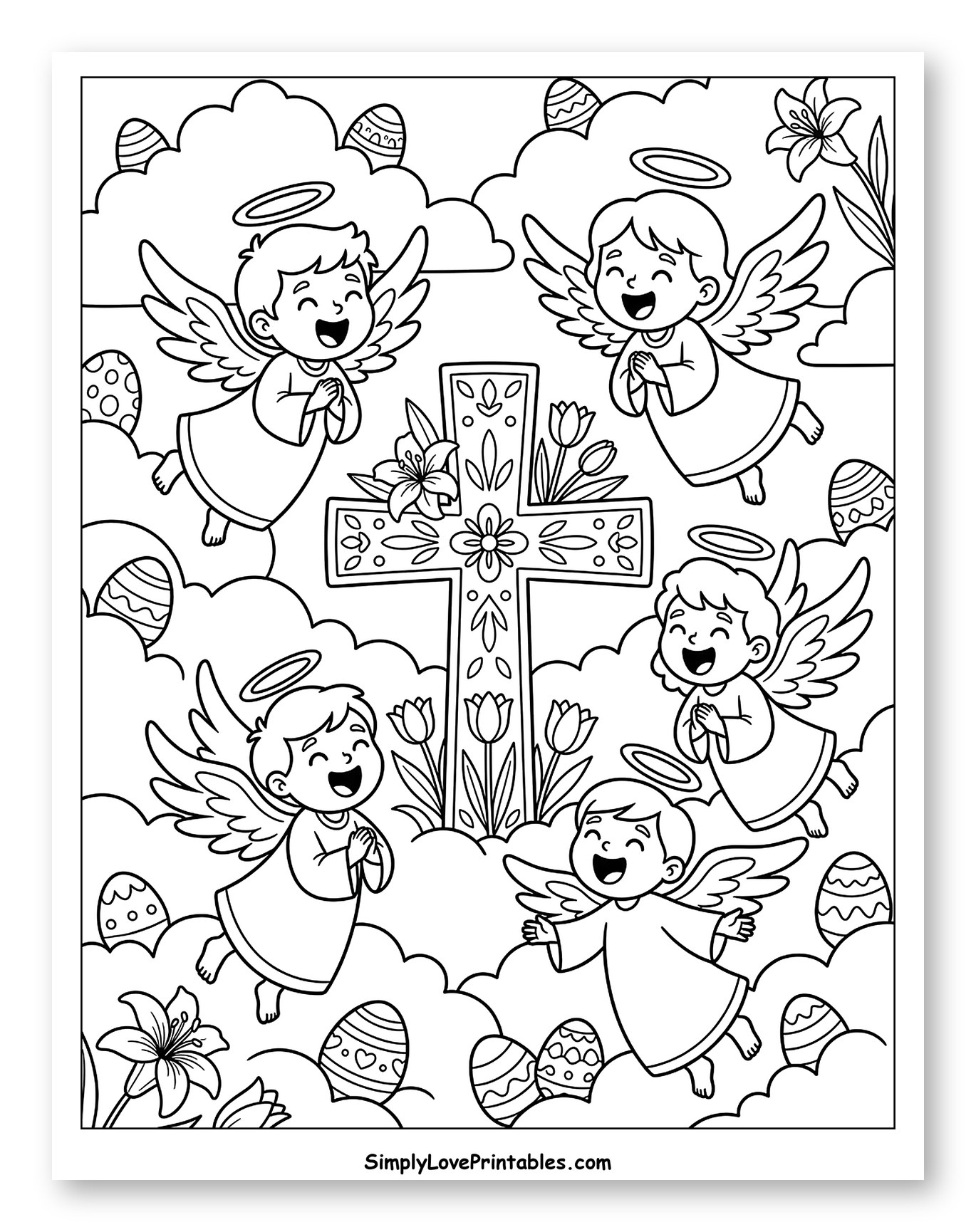 Happy Angels Around Decorated Easter Cross Coloring Page for Kids