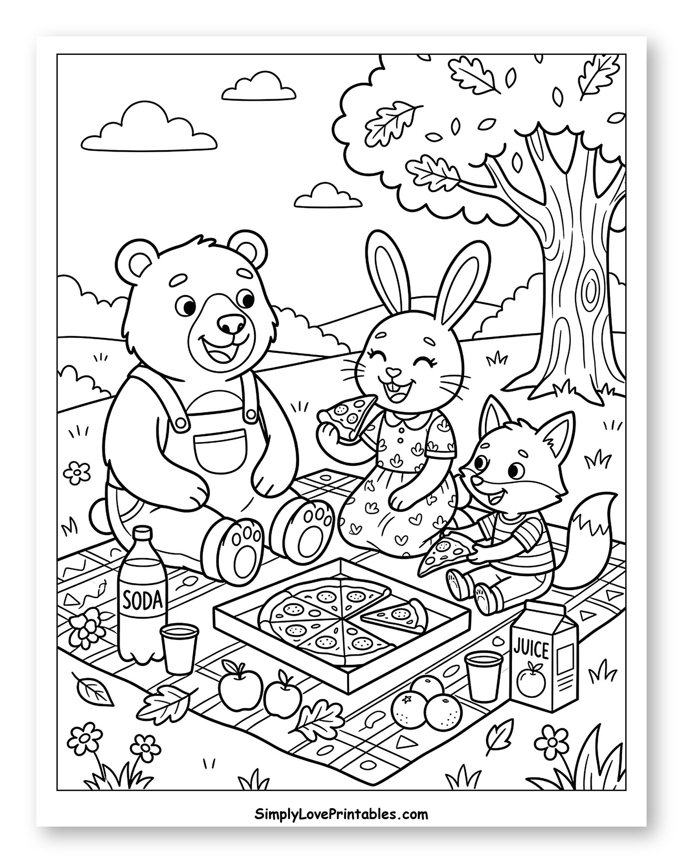 Happy Animals Enjoying a Pizza Picnic to Color for Kids