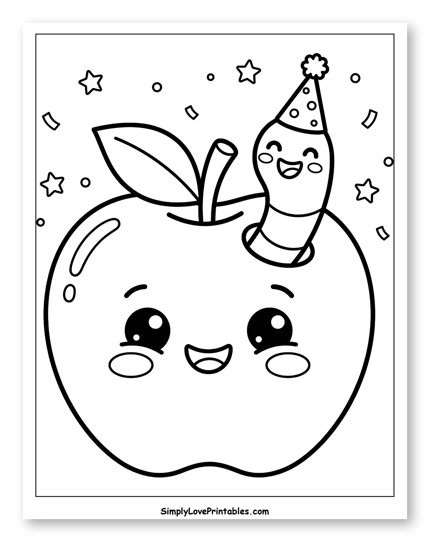 Happy Apple and Worm with Party Hat Coloring Page for Kids