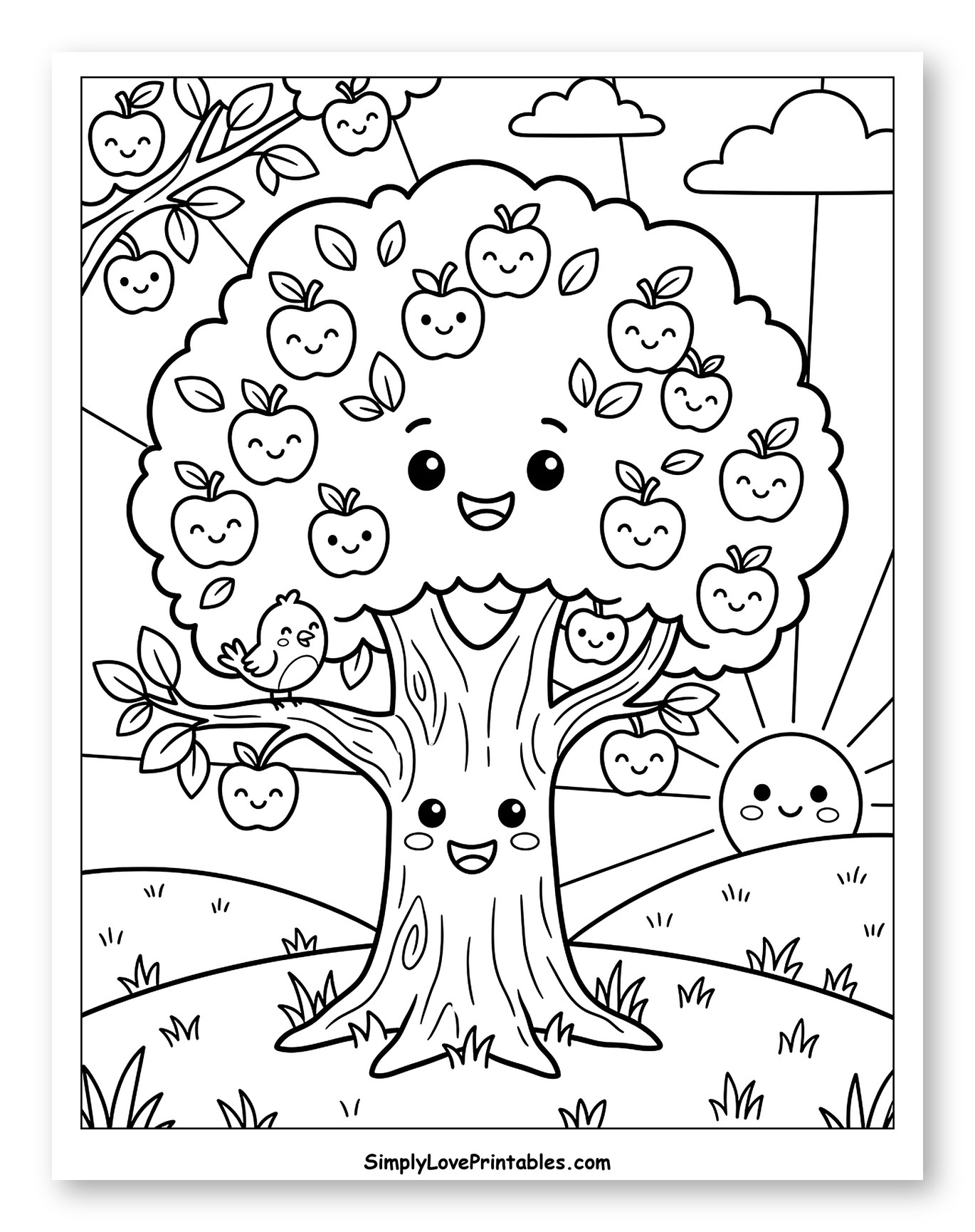 Happy Apple Tree with Smiling Apples and Sun