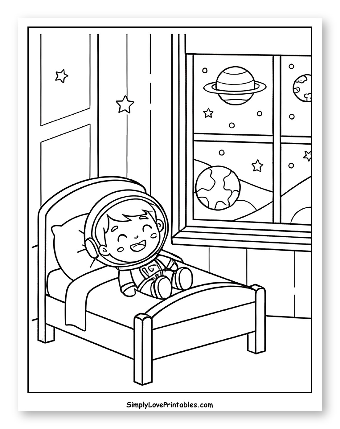 Happy Astronaut Child in Bed Looking at Planets to Color for Kids