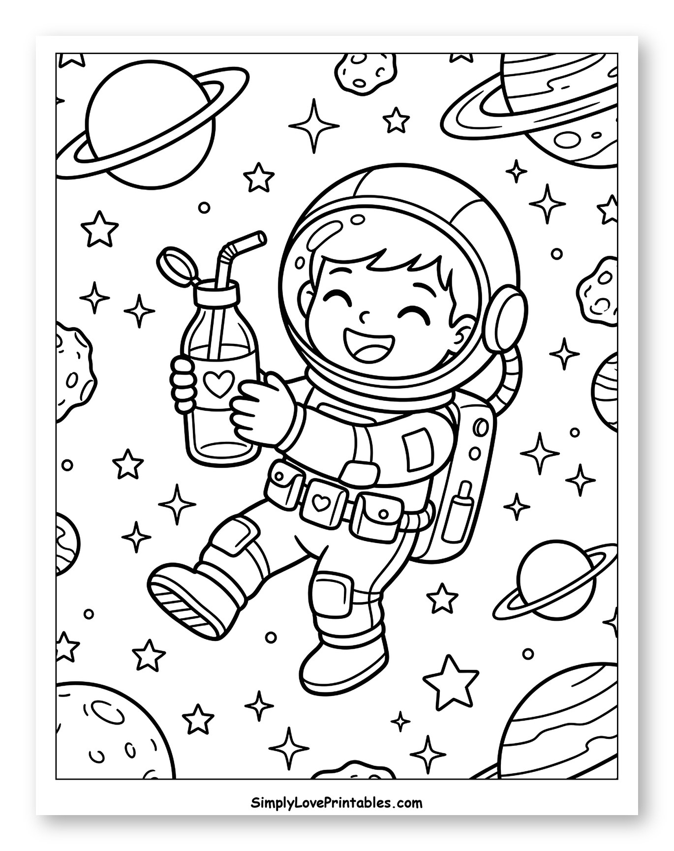 Happy Astronaut Holding a Bottle in Space Coloring Sheet for Kids