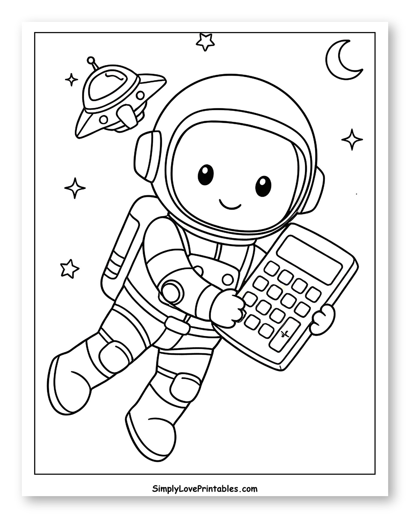 Happy Astronaut with Calculator in Space Coloring Sheet for Kids